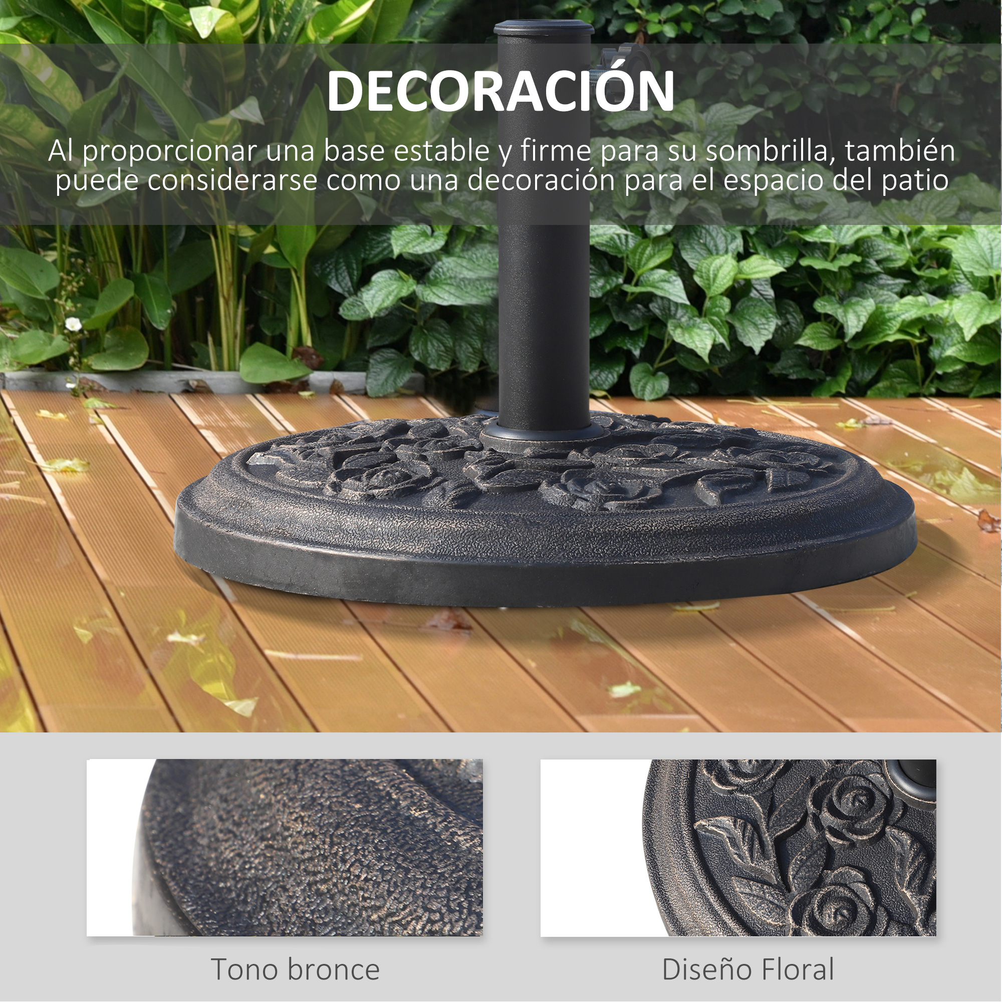 Base de sombrilla de bronce con diseño floral sobre cubierta de madera.