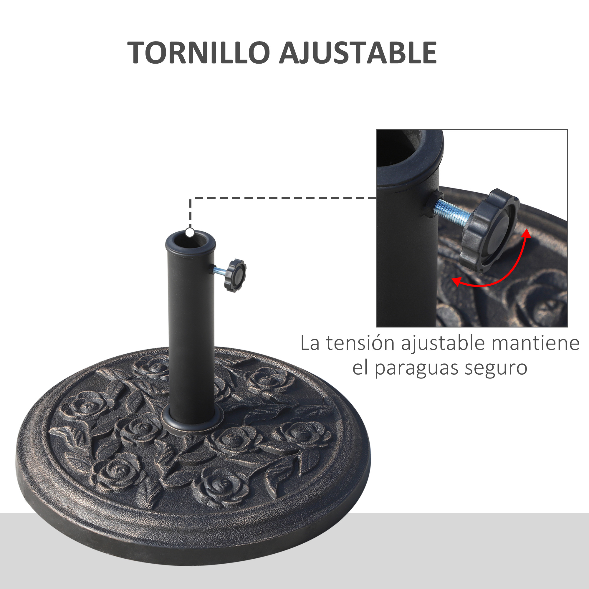 Base negra para sombrilla de patio con relieve de rosas y pomo ajustable.
