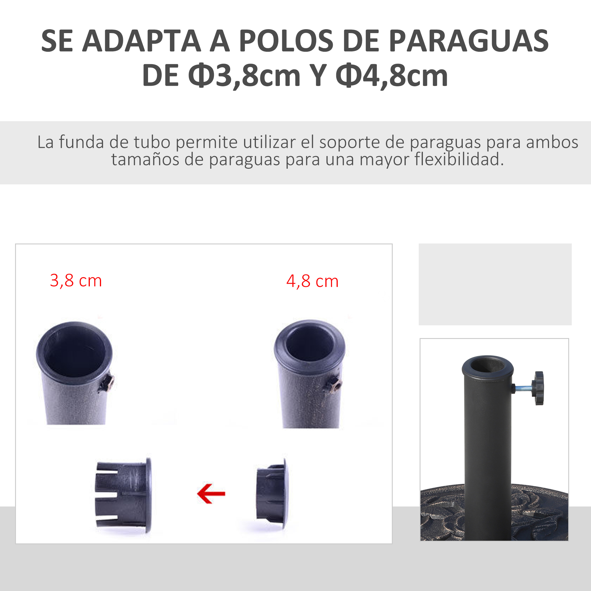Piezas adaptadoras negras para soportes de sombrilla de 3,8 y 4,8 cm.