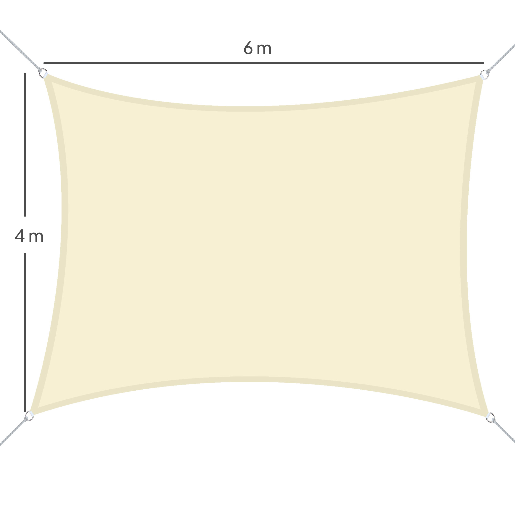 Telo parasole beige, 6m x 4m, fissato con corde agli angoli.