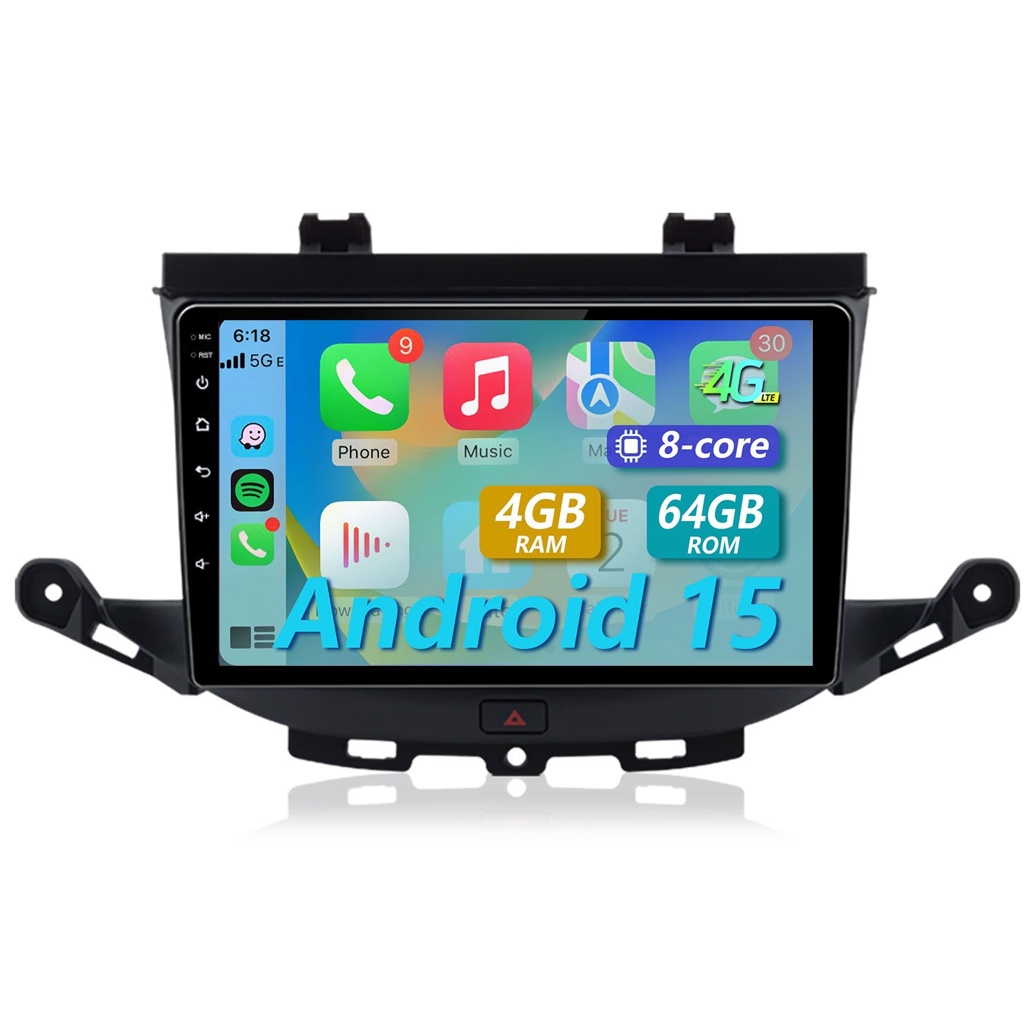 Ein Autoradio-Bildschirm mit Android 15, 8 Kernen, 4 GB RAM und 64 GB ROM.