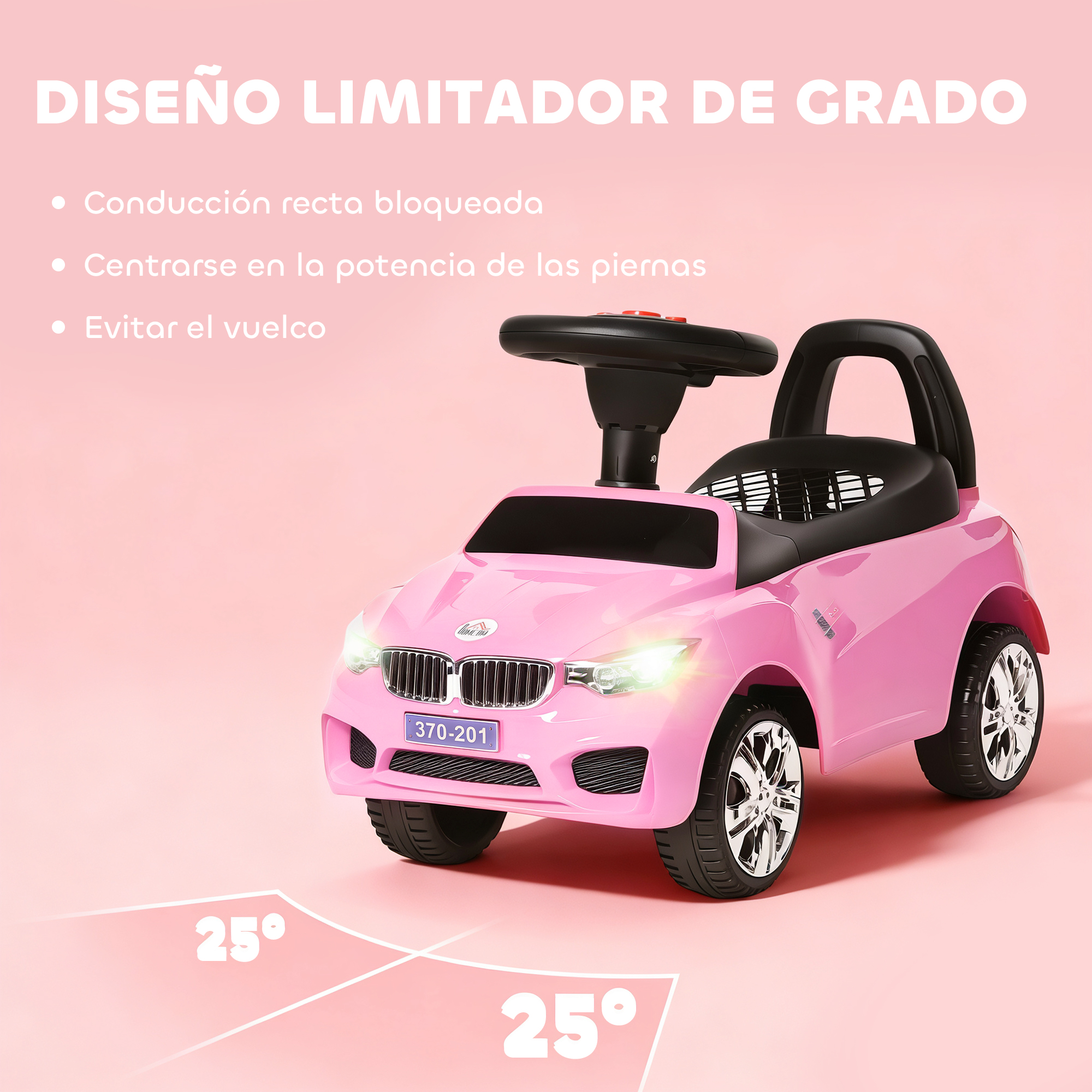 Un coche de juguete rosa con volante y luces. Texto al fondo.
