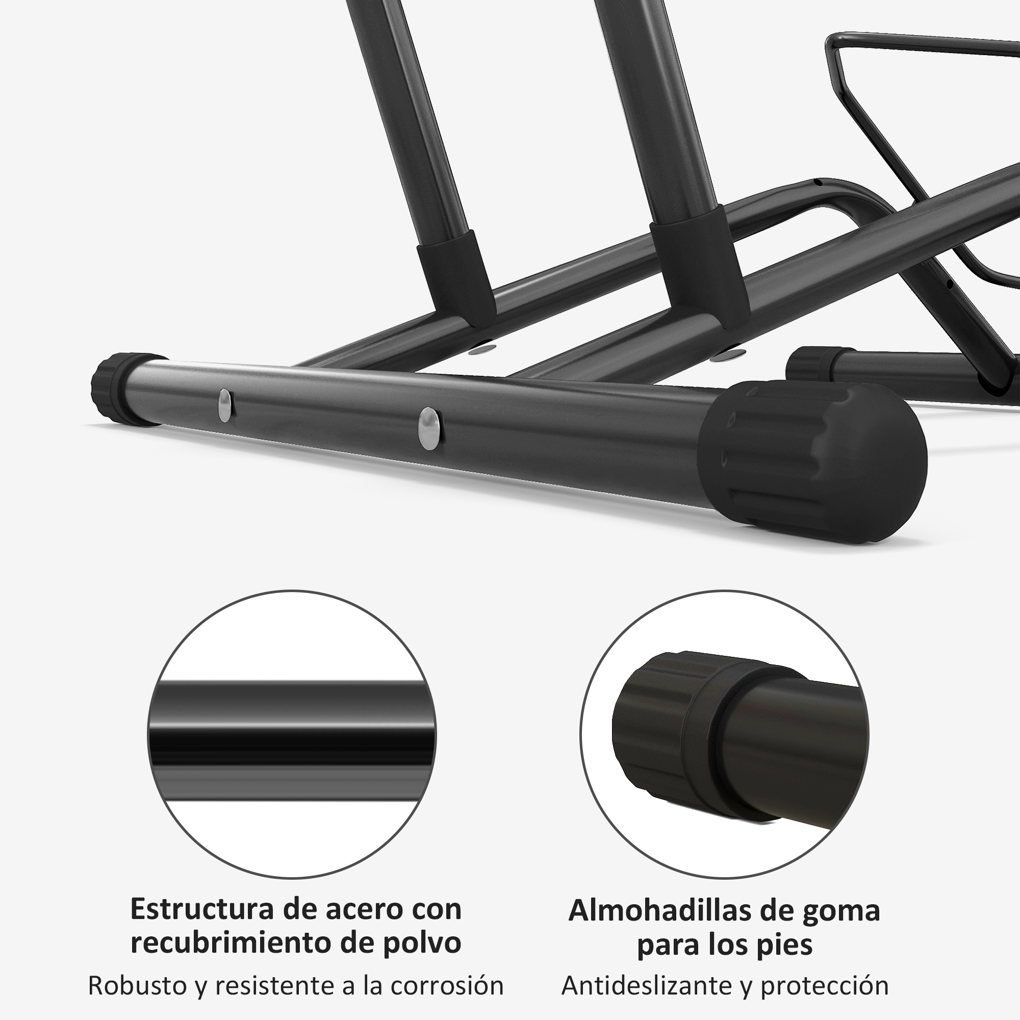 Estructura de metal negra con pies de goma, con recubrimiento en polvo.
