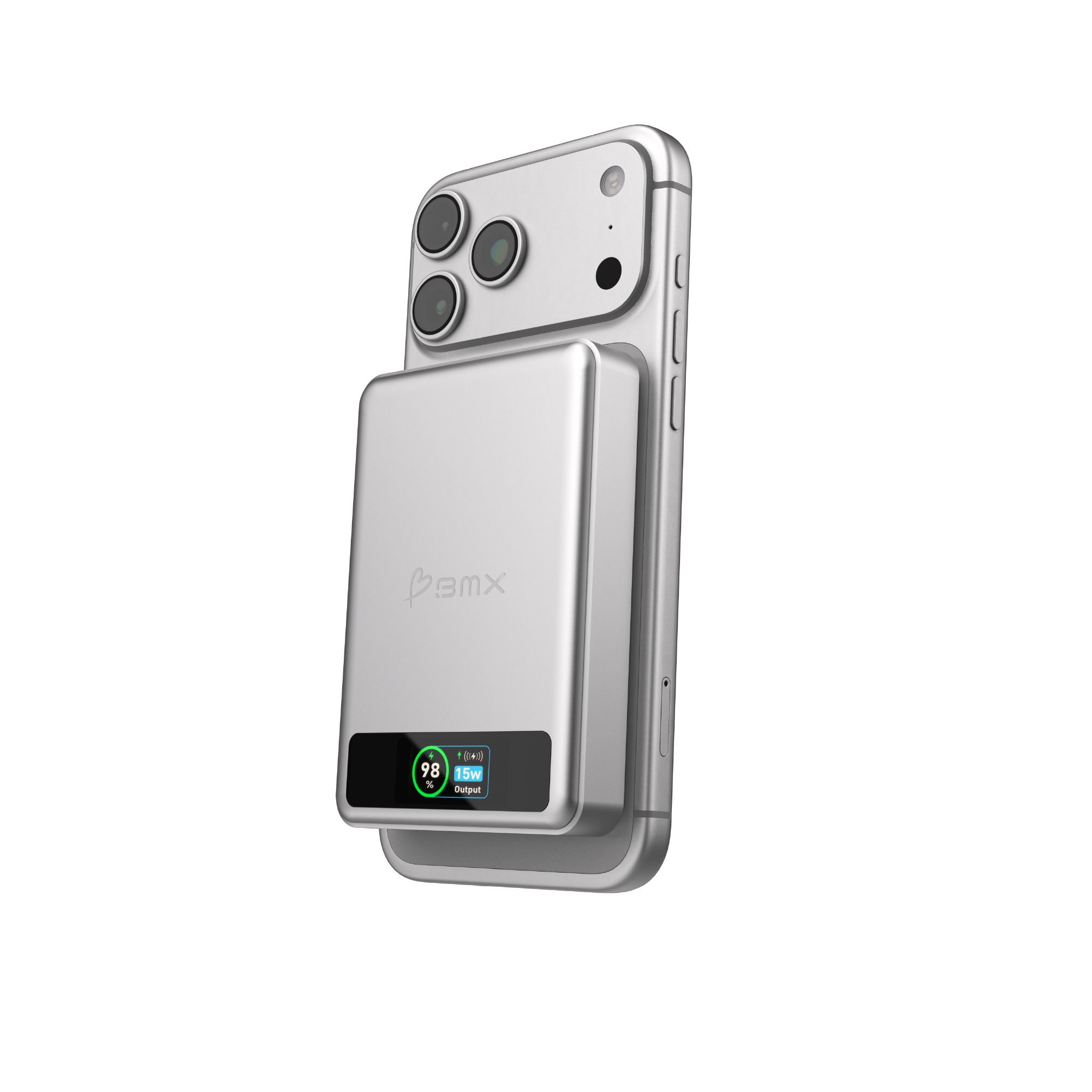 Ein silbernes Smartphone mit angebrachtem Akkupack, das 98% Ladung anzeigt.