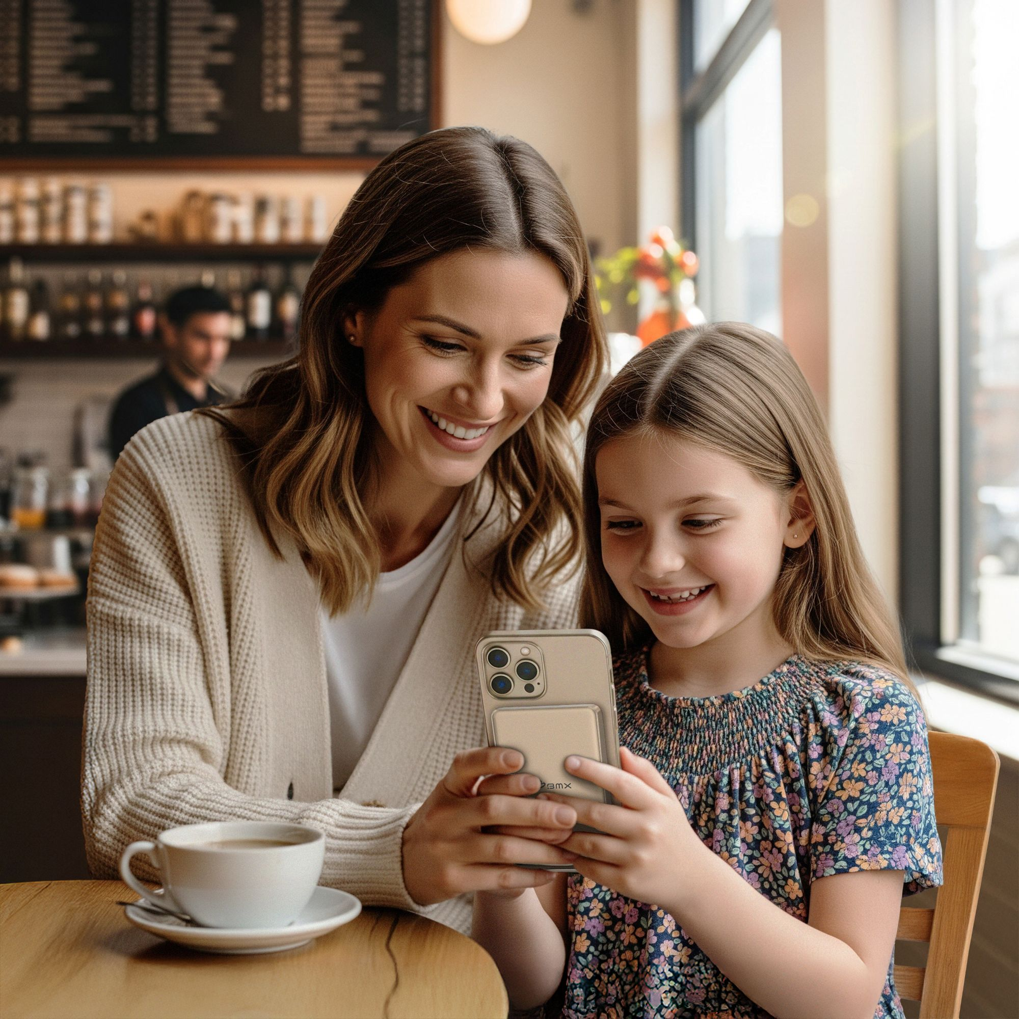 Mutter und Tochter lächeln und schauen auf ein Handy in einem Café.