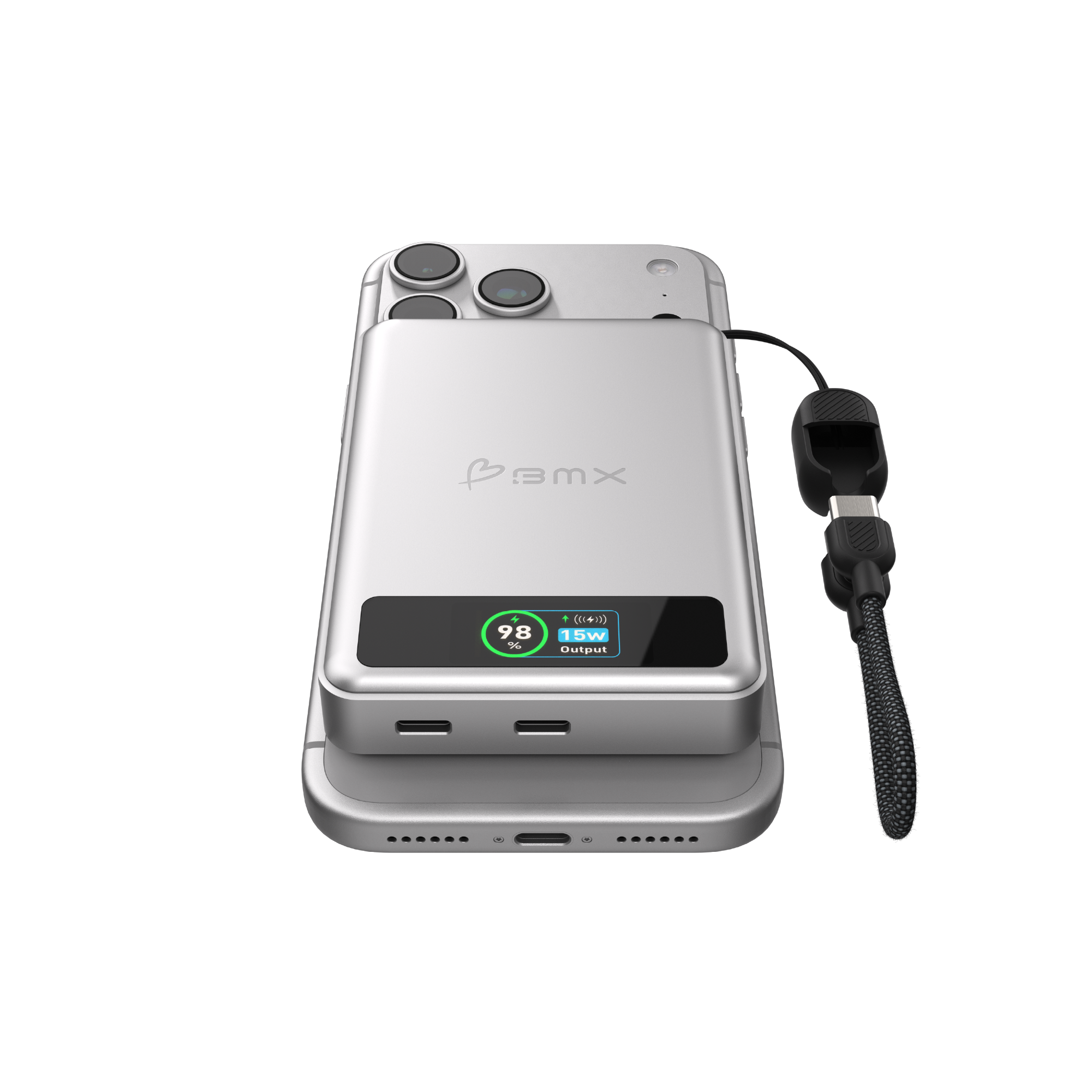 Silbernes iPhone mit angekoppeltem Powerbank. 98% Akku, 15W Ausgang.