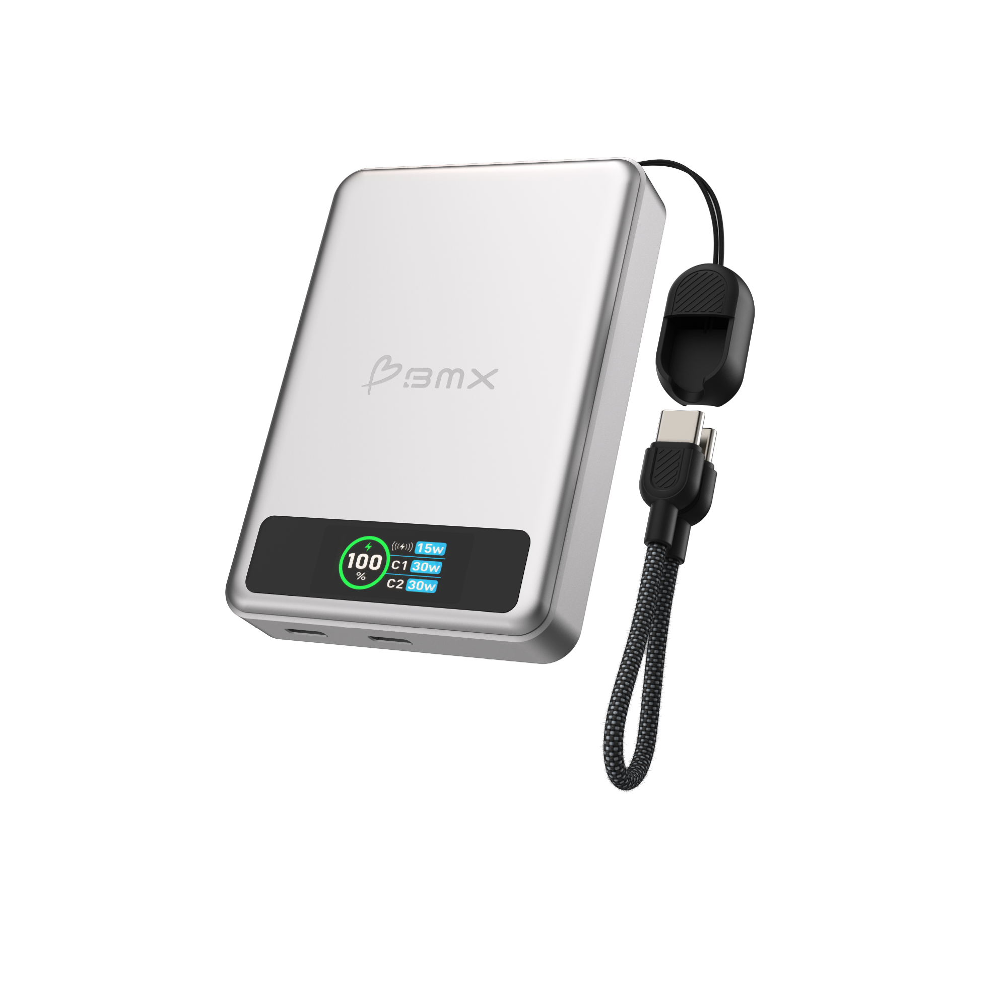 Silbernes Powerbank mit digitaler Anzeige: 100% Ladung, 15W, C1 30W, C2 30W.