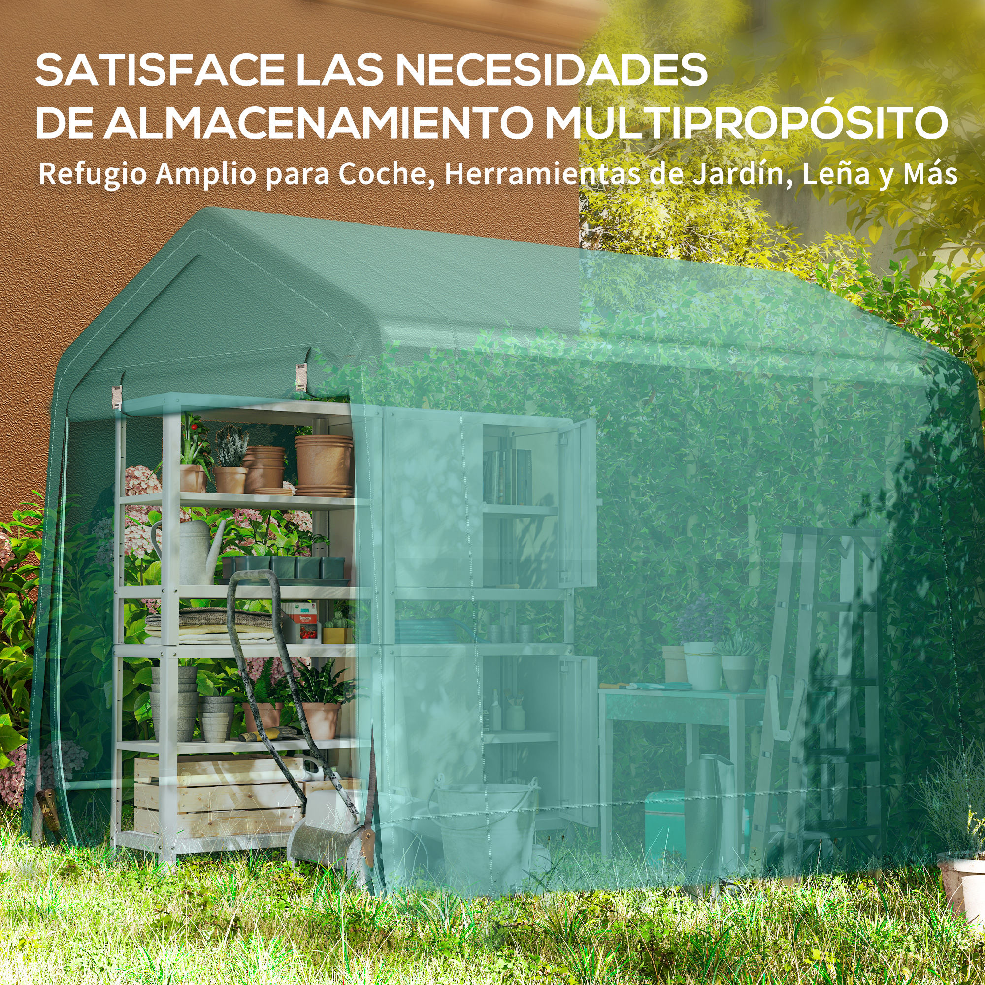 Tienda de almacenamiento verde multiusos con estantes que albergan plantas.