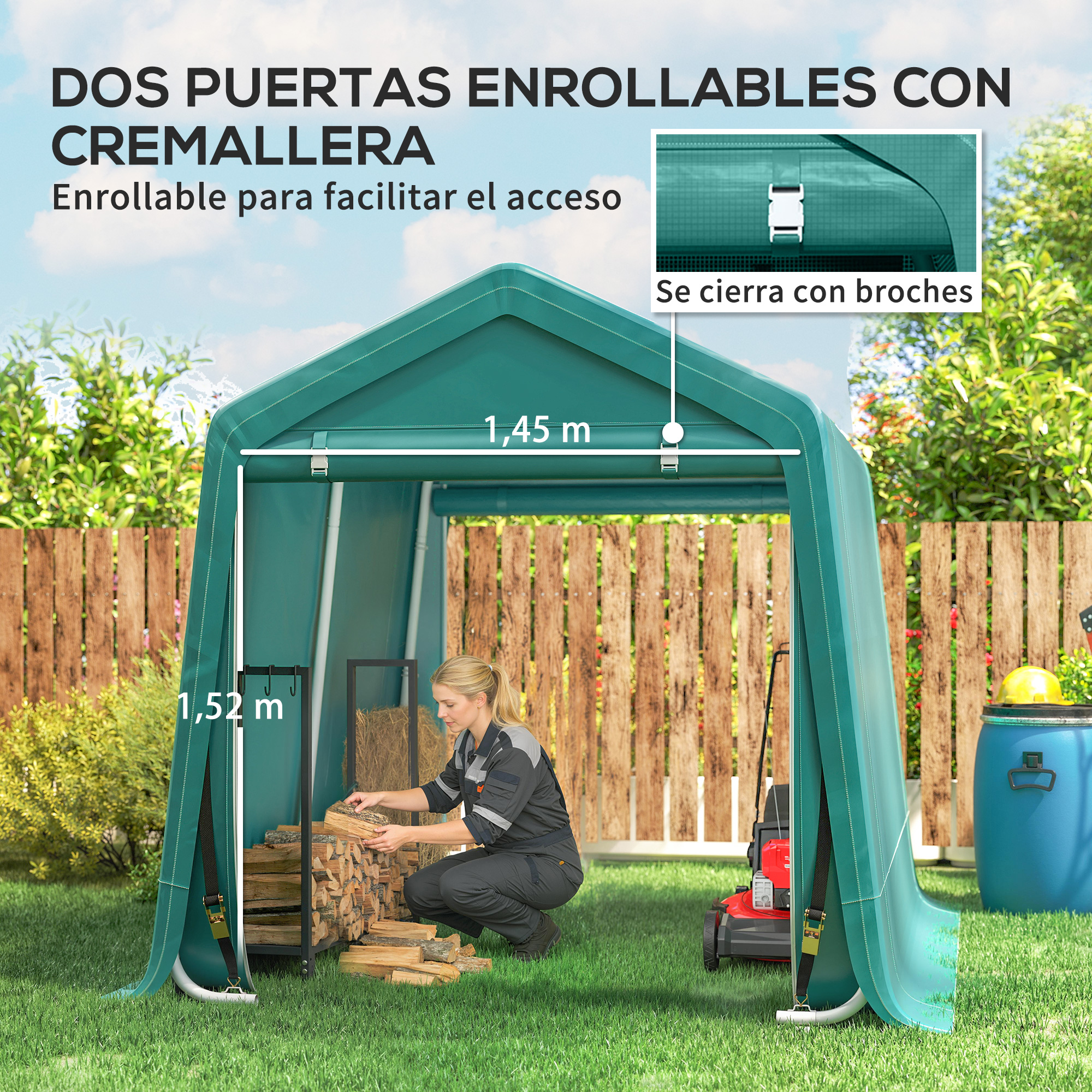 Tienda verde con cremalleras, mujer apilando leña, cortacésped, leña, exterior.