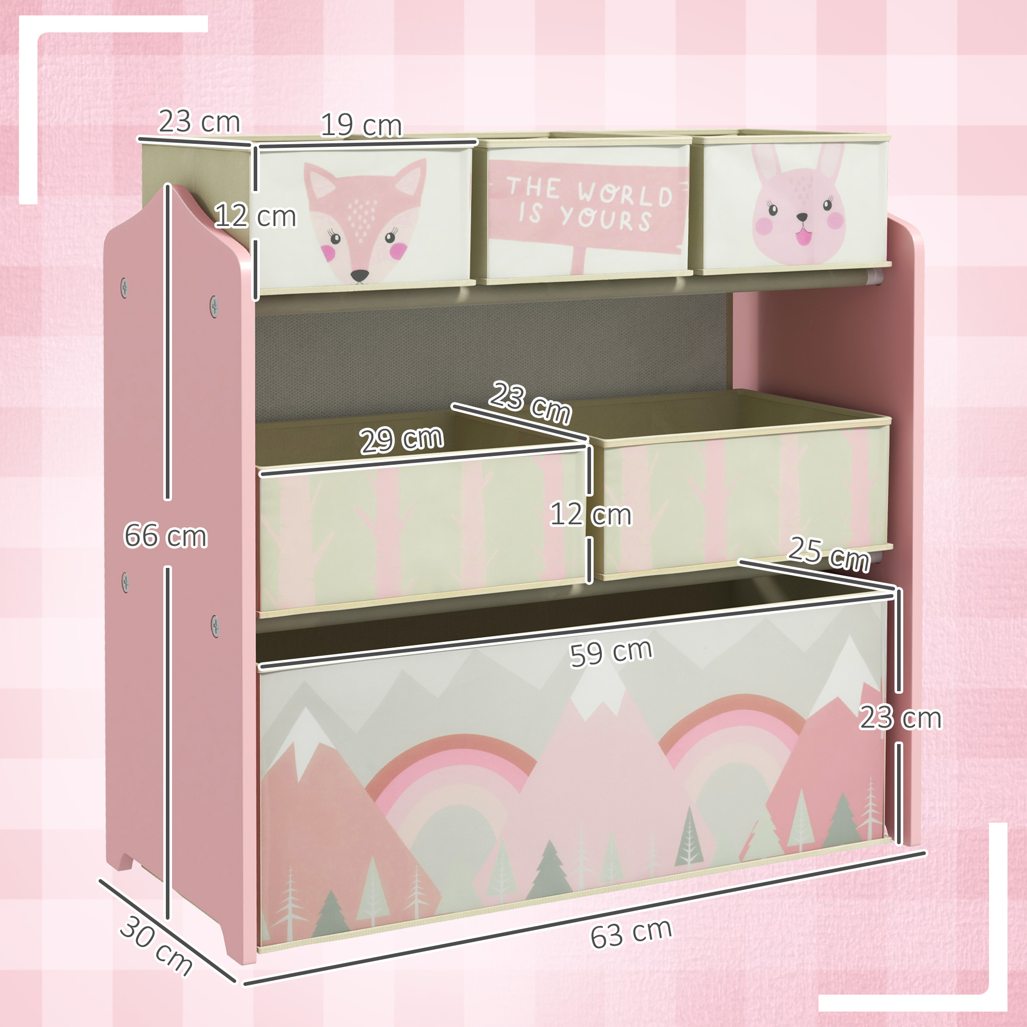 Estantería de almacenamiento rosa de tres niveles, decorada con animales y paisajes.