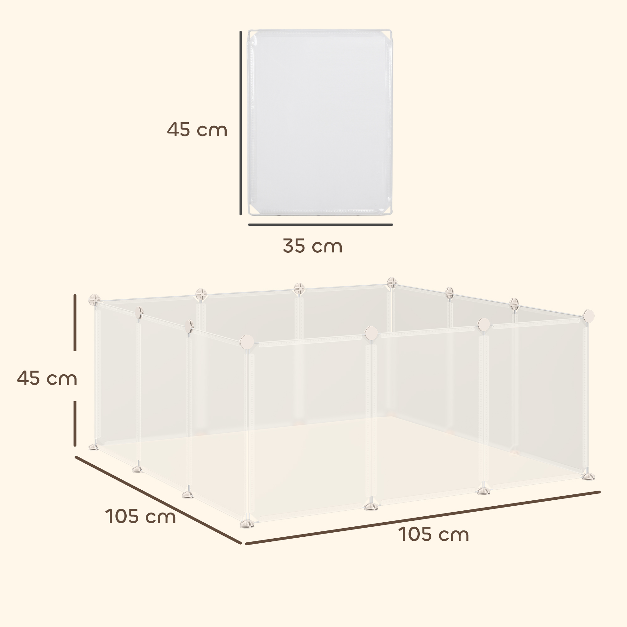 Un corralito transparente de 105x105x45 cm y un panel individual.