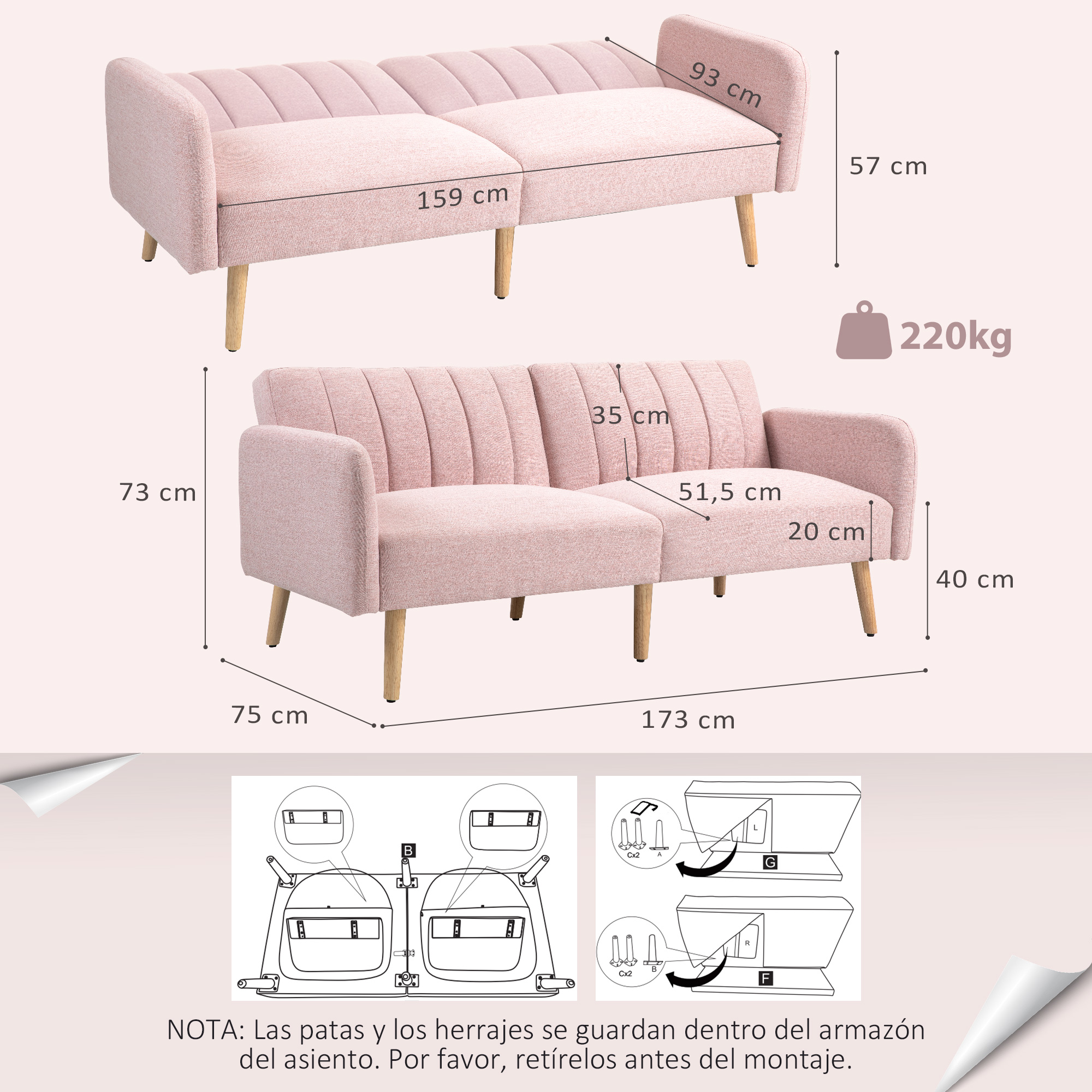 Un sofá cama rosa con dimensiones e instrucciones de montaje.