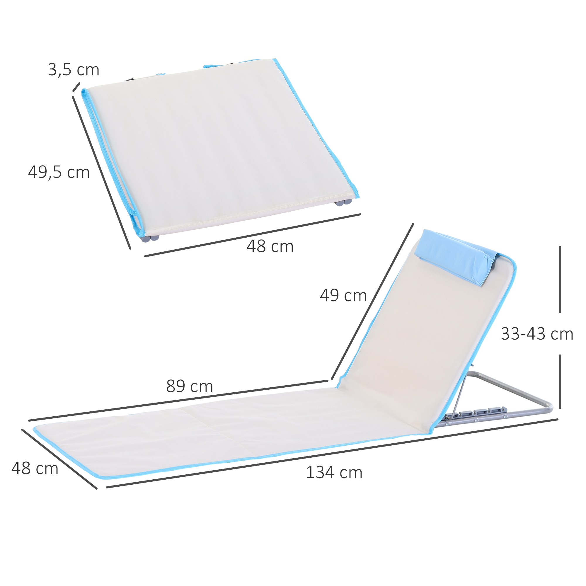 Una tumbona de playa beige plegada y desplegada con ribete azul y reposacabezas azul. Dimensiones mostradas.