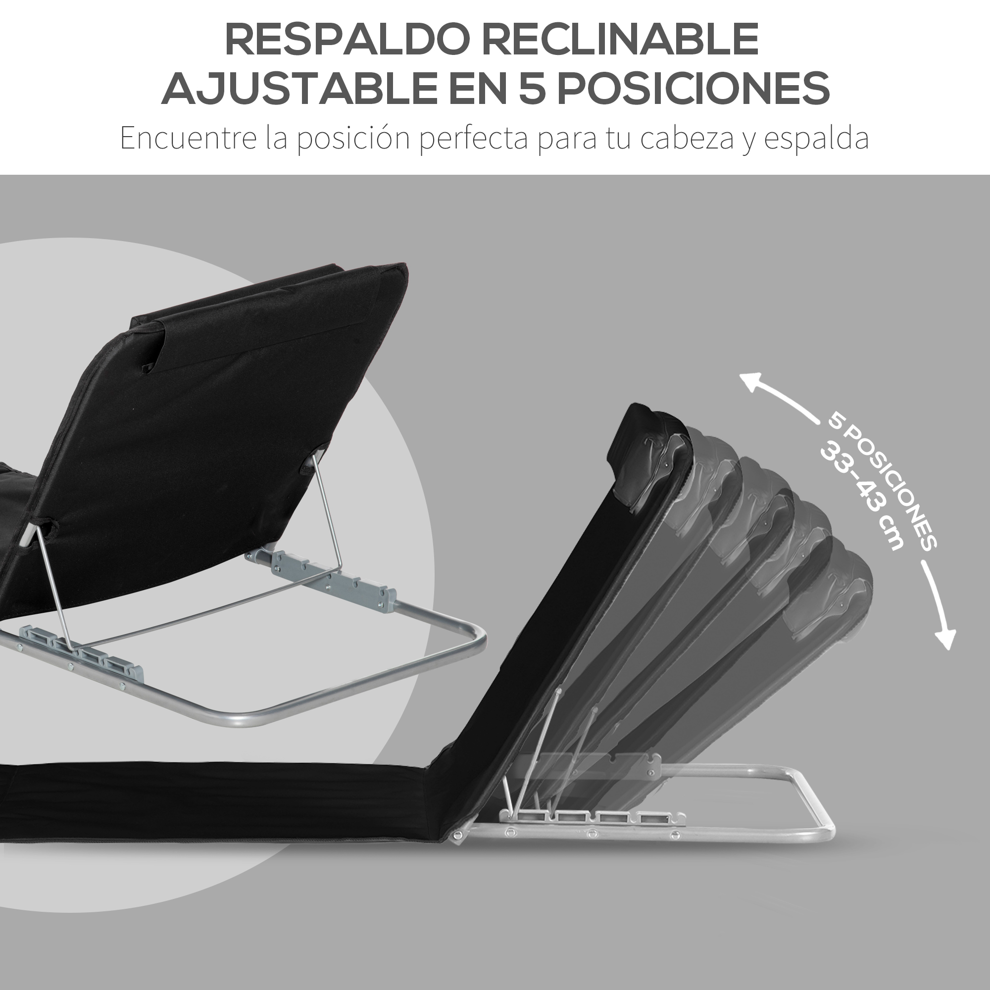 Respaldo negro, ajustable, con marco metálico, 5 posiciones.