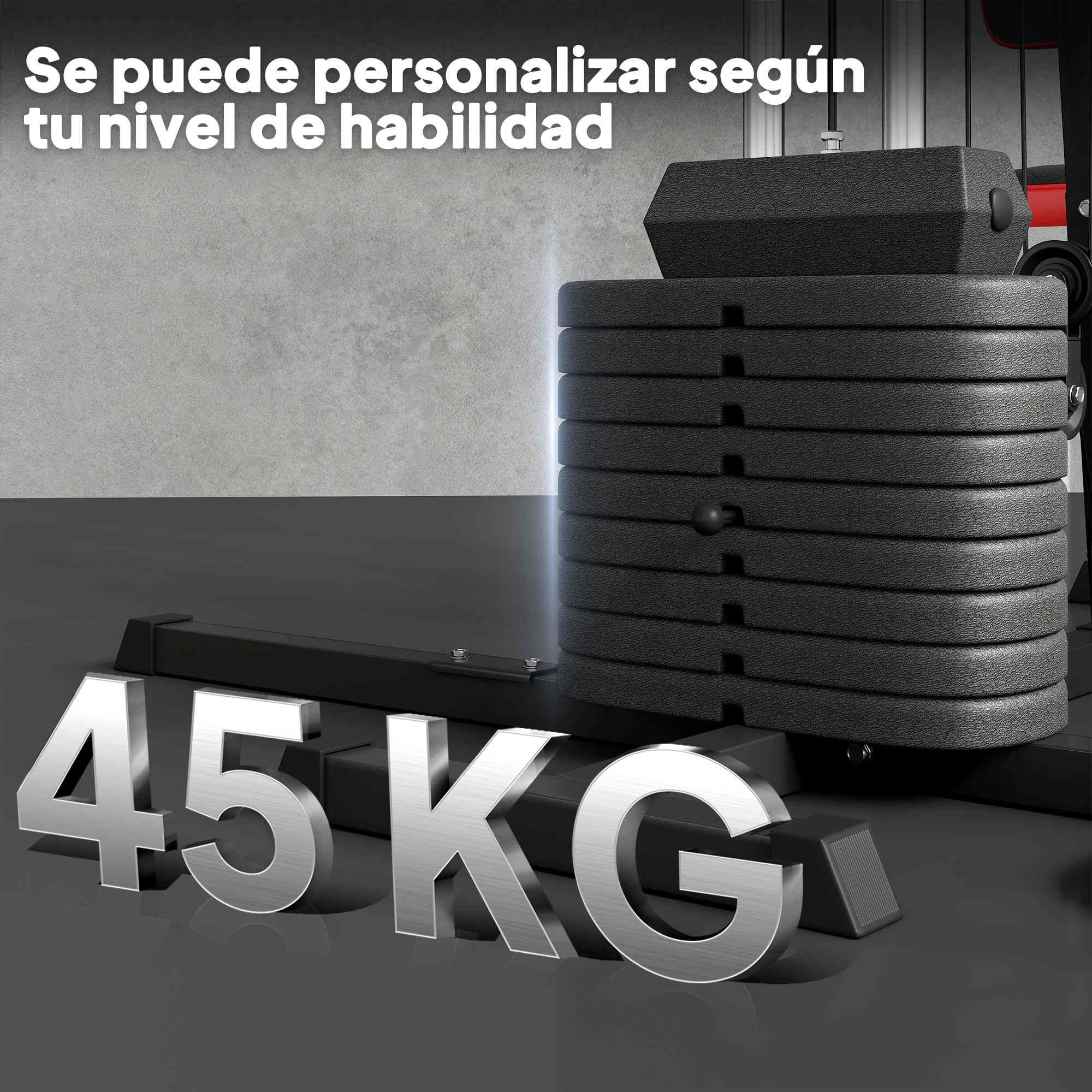 Una pila de pesas de 45 kg con una pared al fondo.