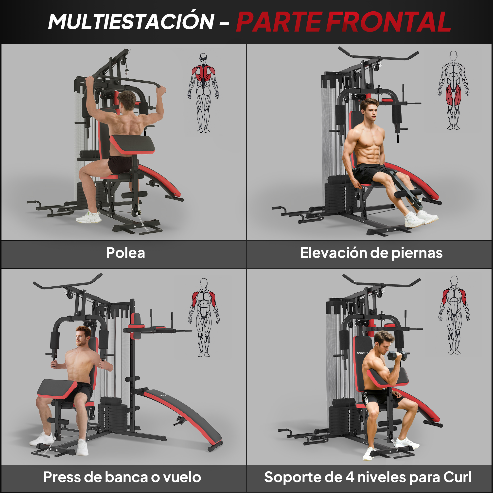 Cuatro ejercicios en un gimnasio multiestación: jalón al pecho, elevación de piernas, press de banca, curl de bíceps.