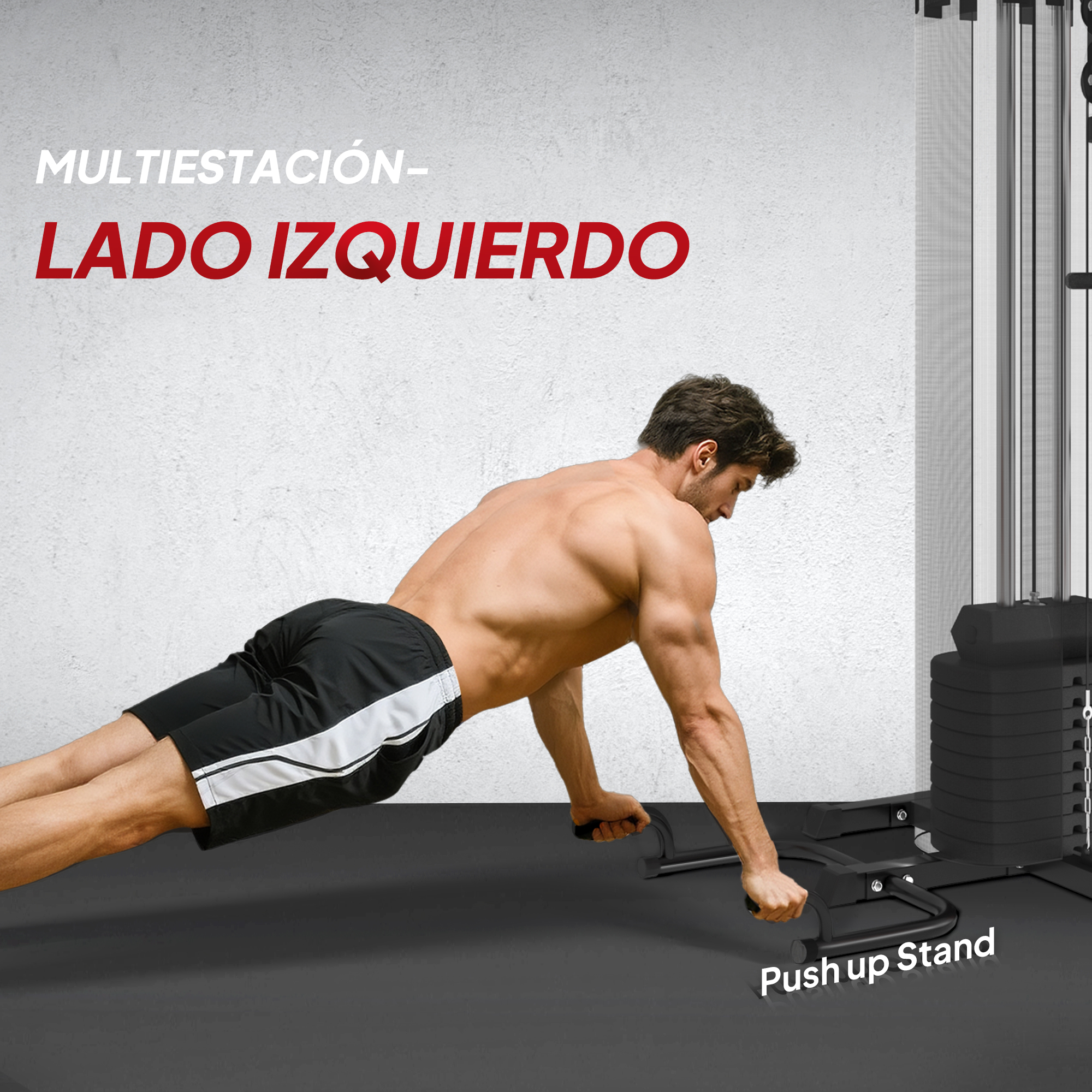 Hombre haciendo flexiones en una máquina de ejercicios con pesas.