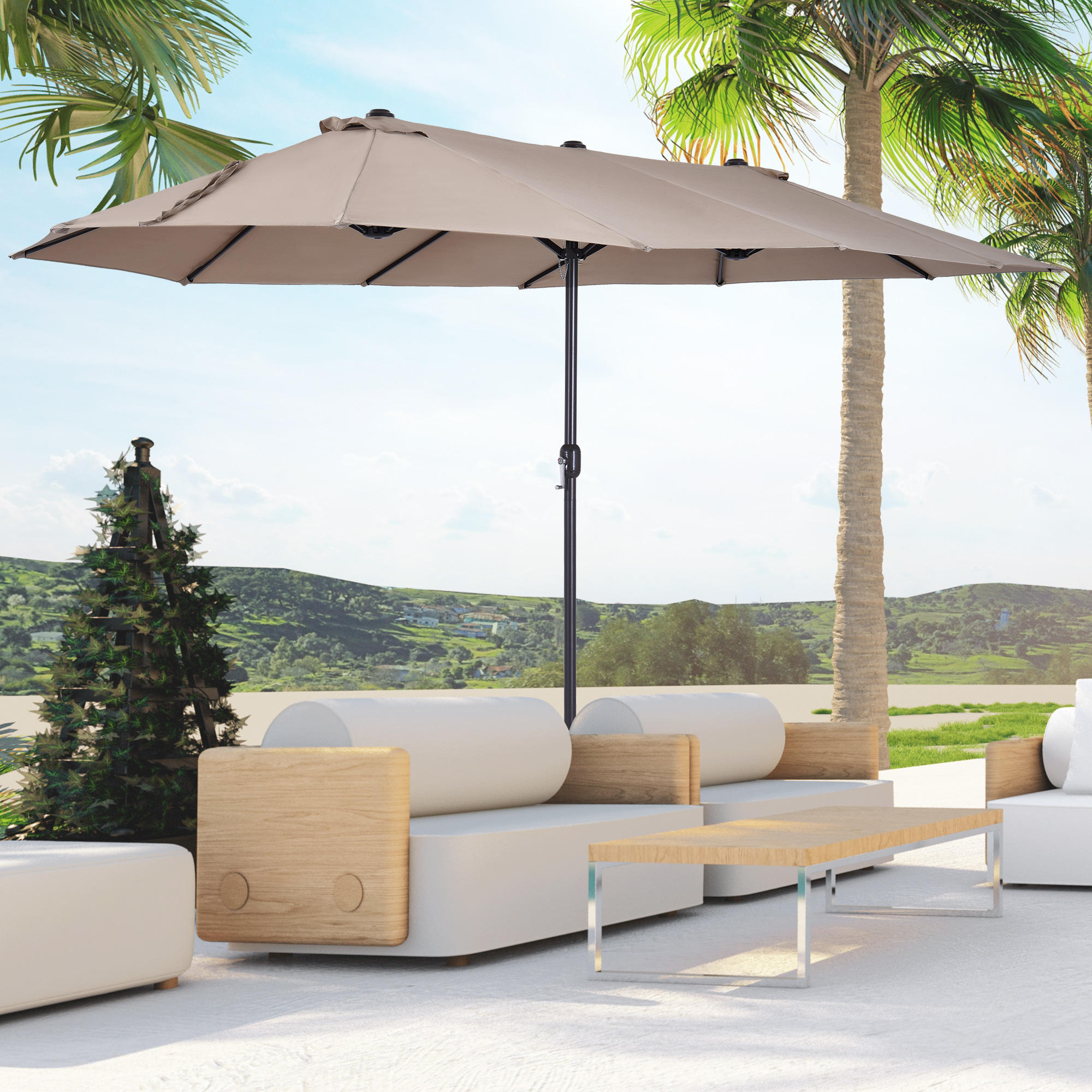 Un toldo beige da sombra a muebles blancos de exterior con detalles de madera.