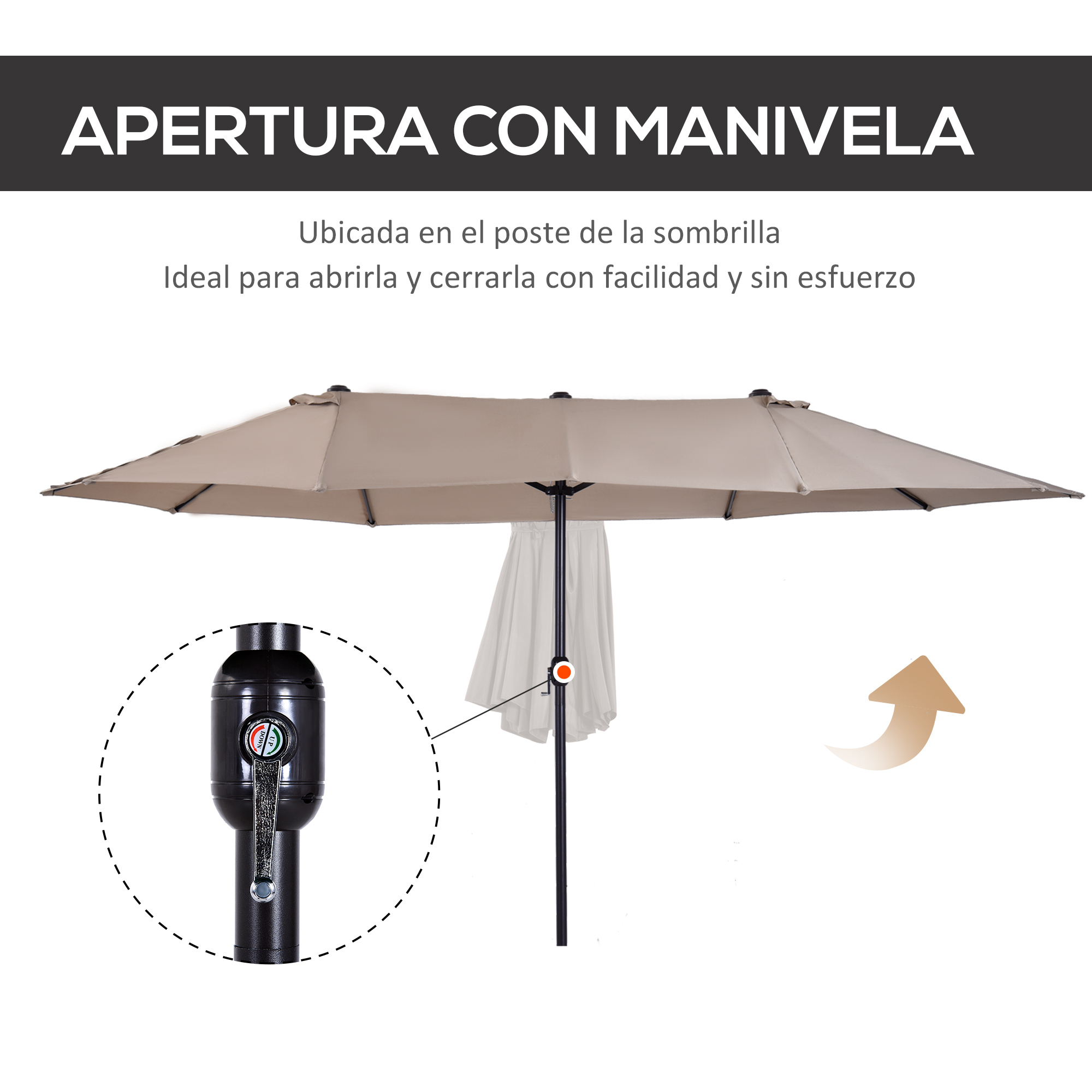 Sombrilla beige con mecanismo de manivela, primer plano del mango.