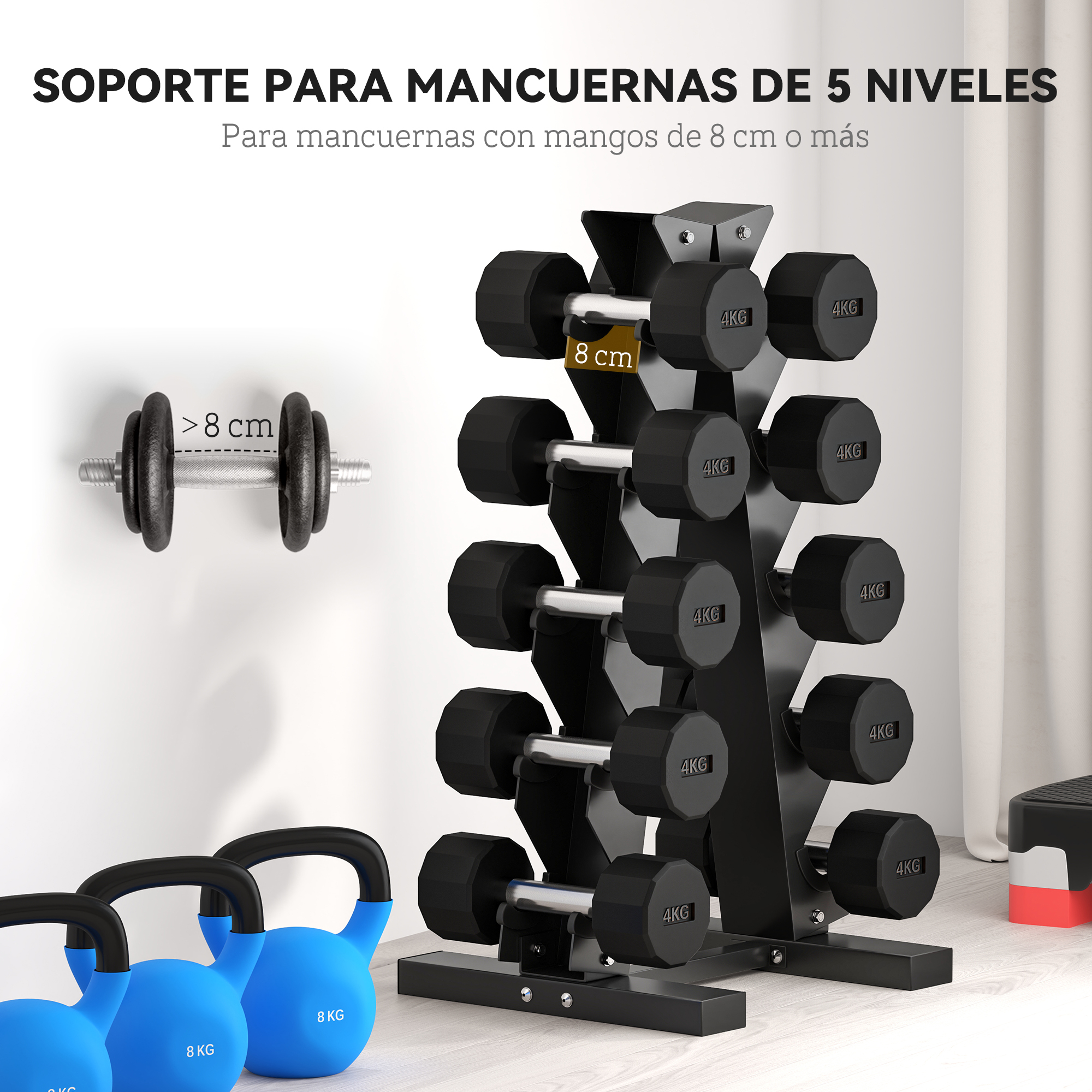 Soporte para mancuernas negro con mancuernas y kettlebells azules.