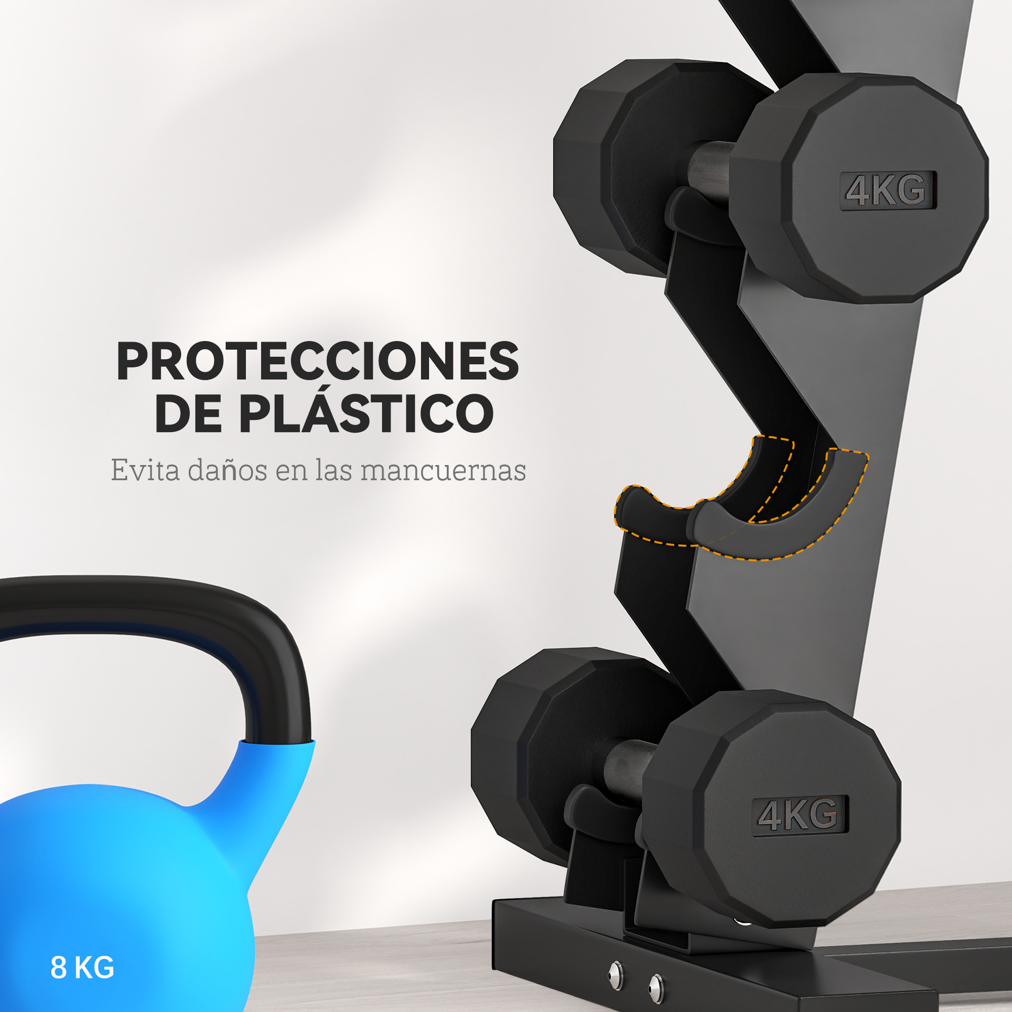 Se muestra una pesa rusa azul de 8 kg y un soporte con mancuernas negras de 4 kg.
