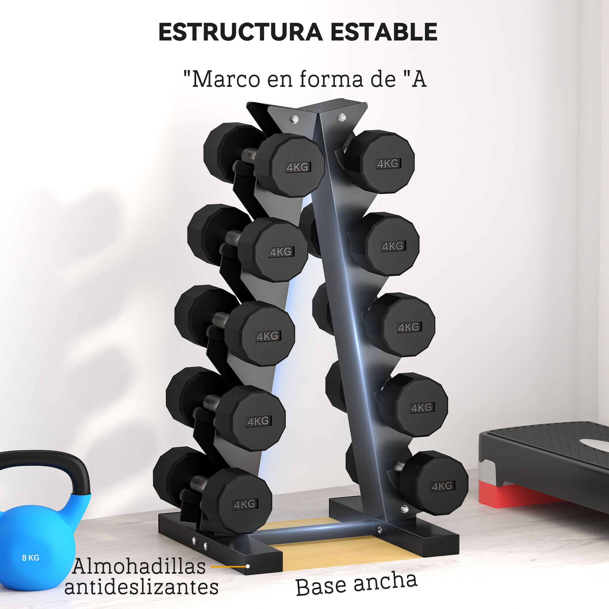 Un soporte para pesas con mancuernas, una pesa rusa azul y una plataforma de step.