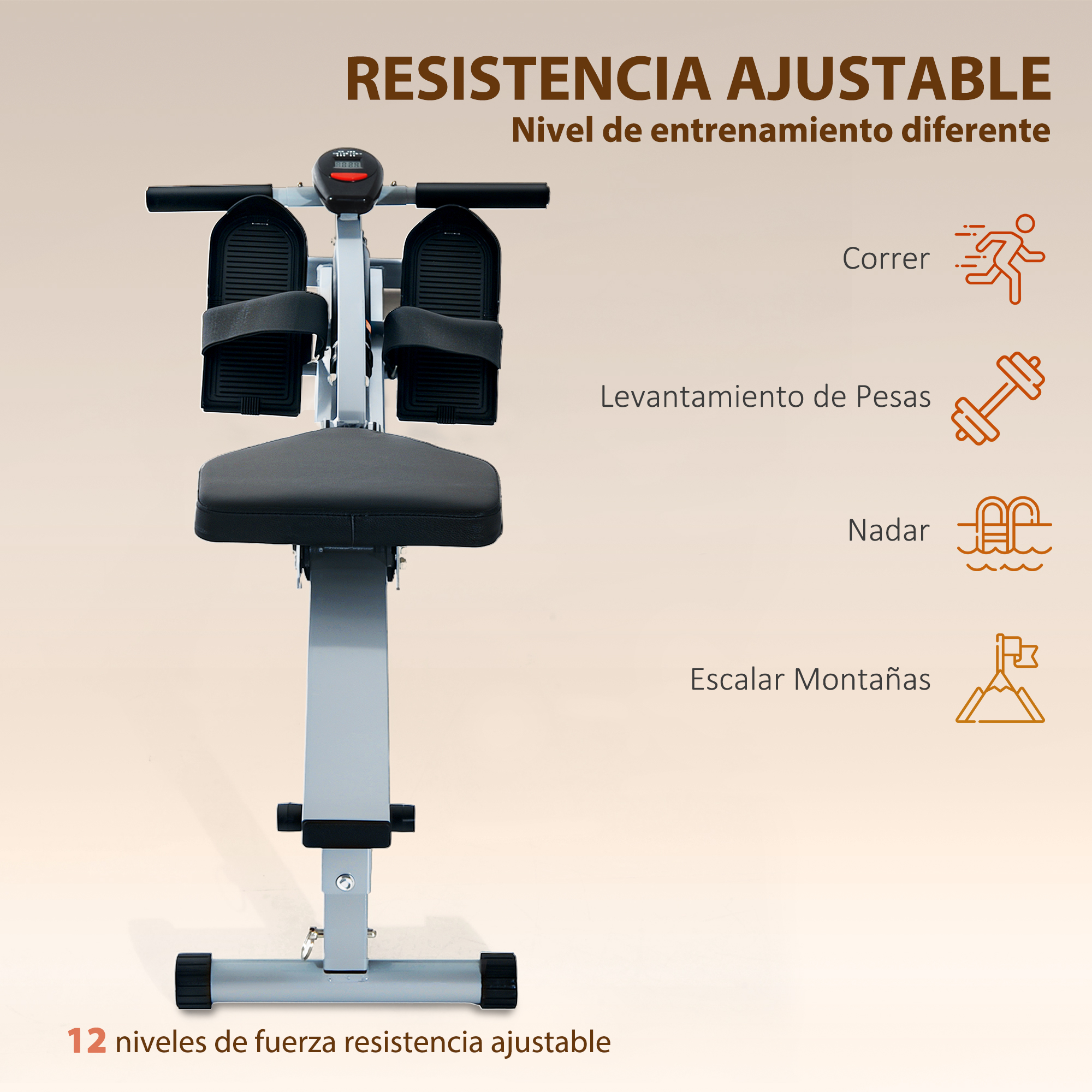 Máquina de remo con pantalla digital y opciones de entrenamiento: correr, pesas, nadar, escalar.