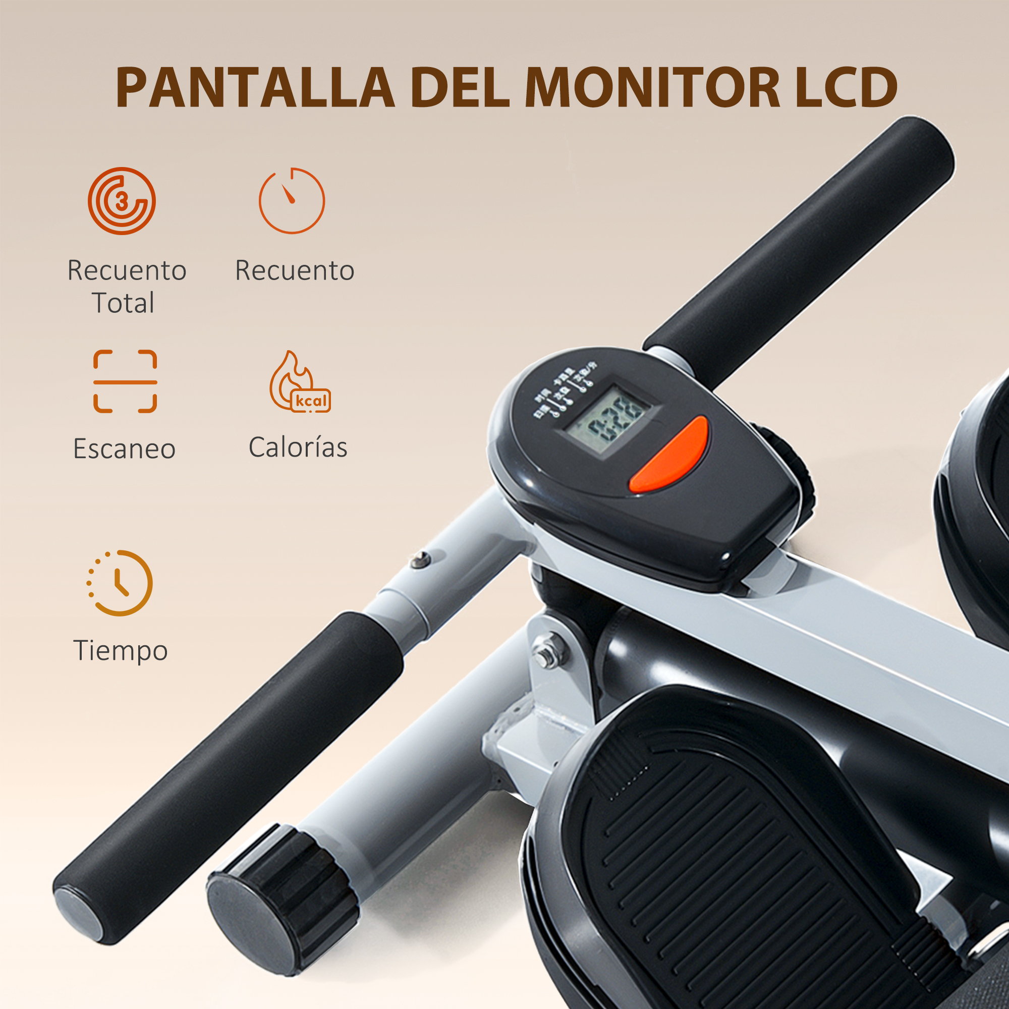 Primer plano de una máquina de ejercicio con pantalla LCD y asas.