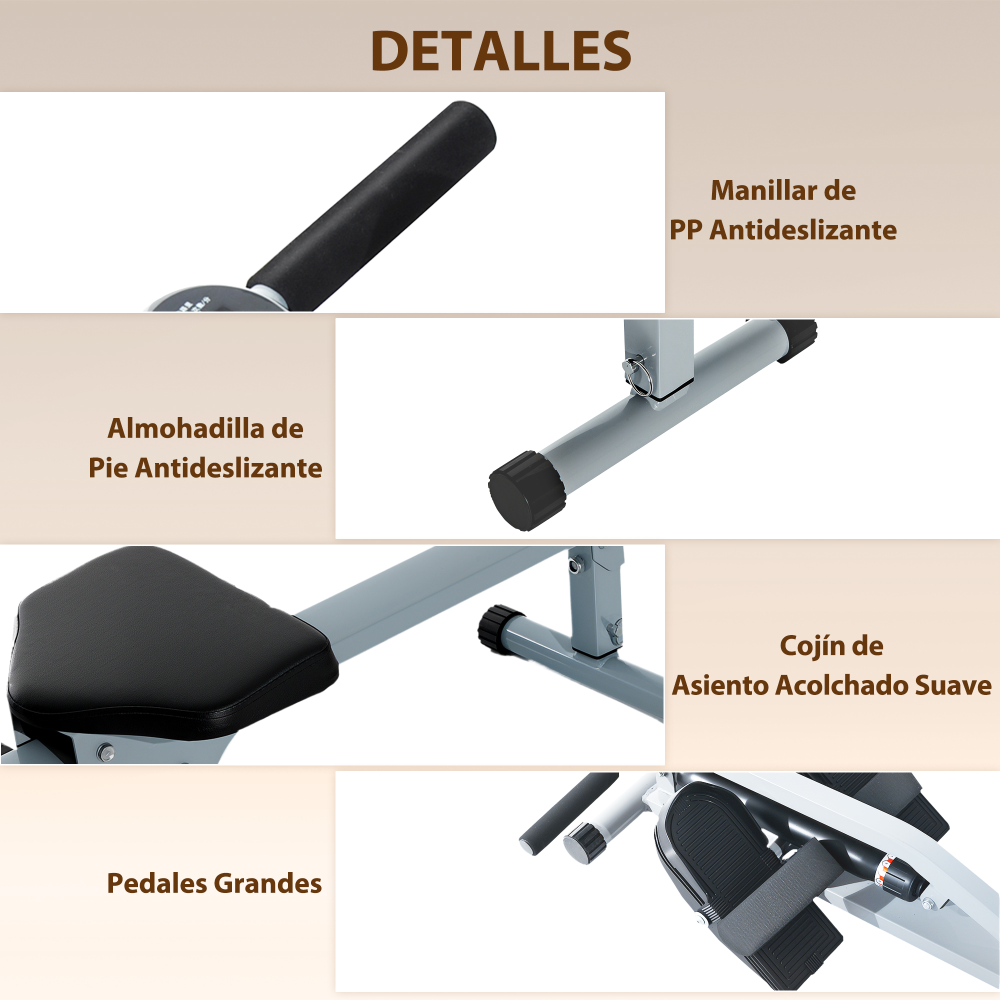 Detalles: Agarre PP, almohadilla pie, cojín asiento, pedales.