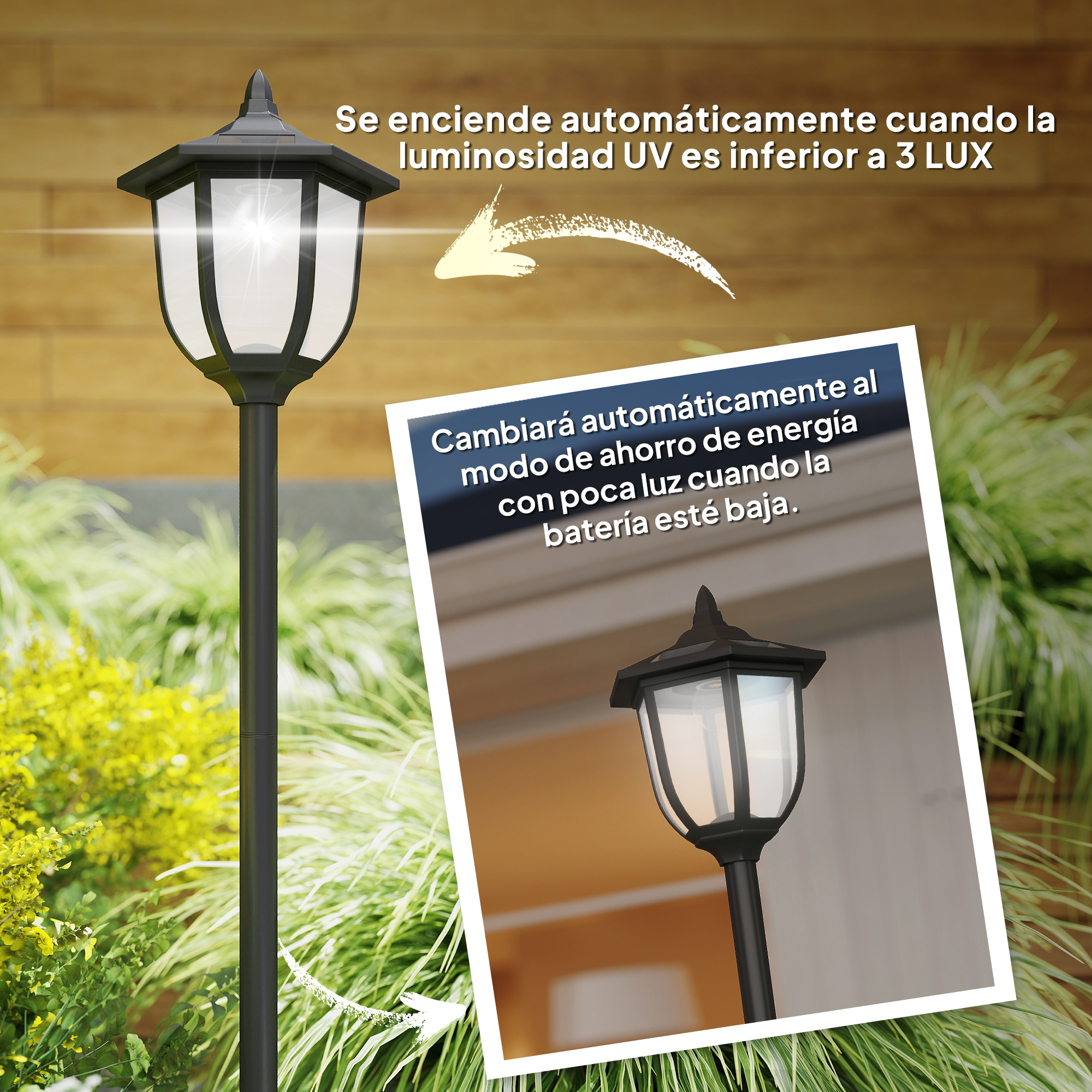 Lámpara negra para exteriores con iluminación, con texto.
