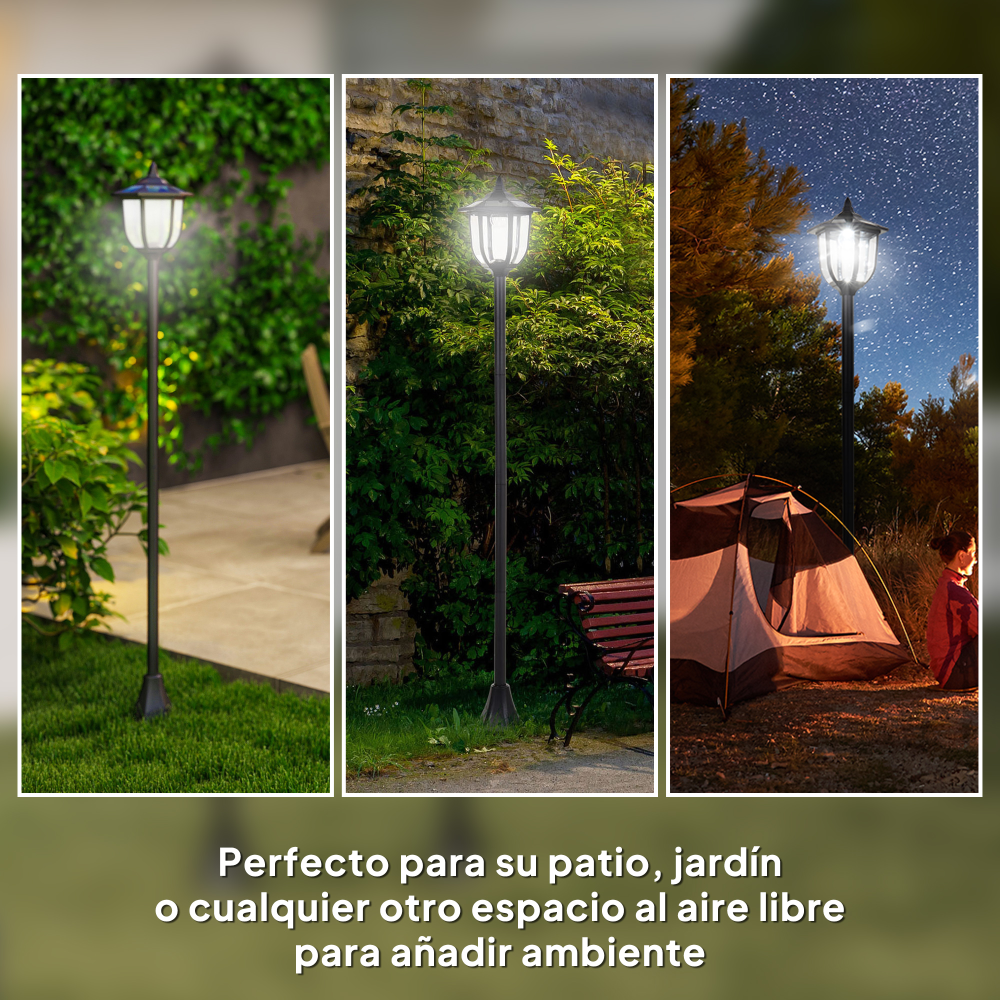Tres escenas de lámpara exterior: jardín, muro y cielo estrellado.