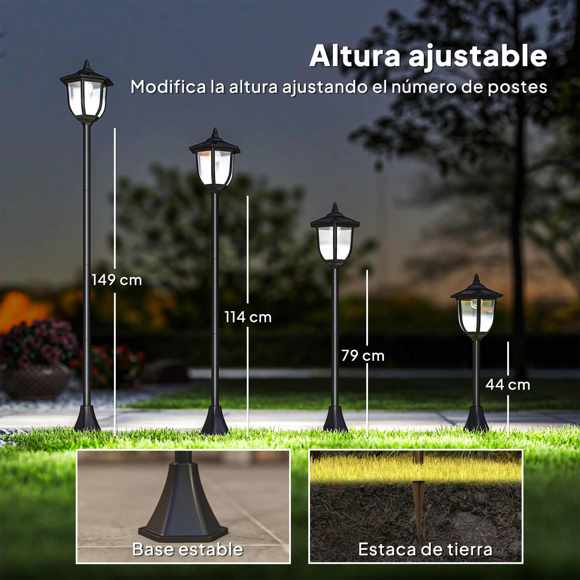 Cuatro lámparas de distintas alturas en un césped. Con estaca y base.