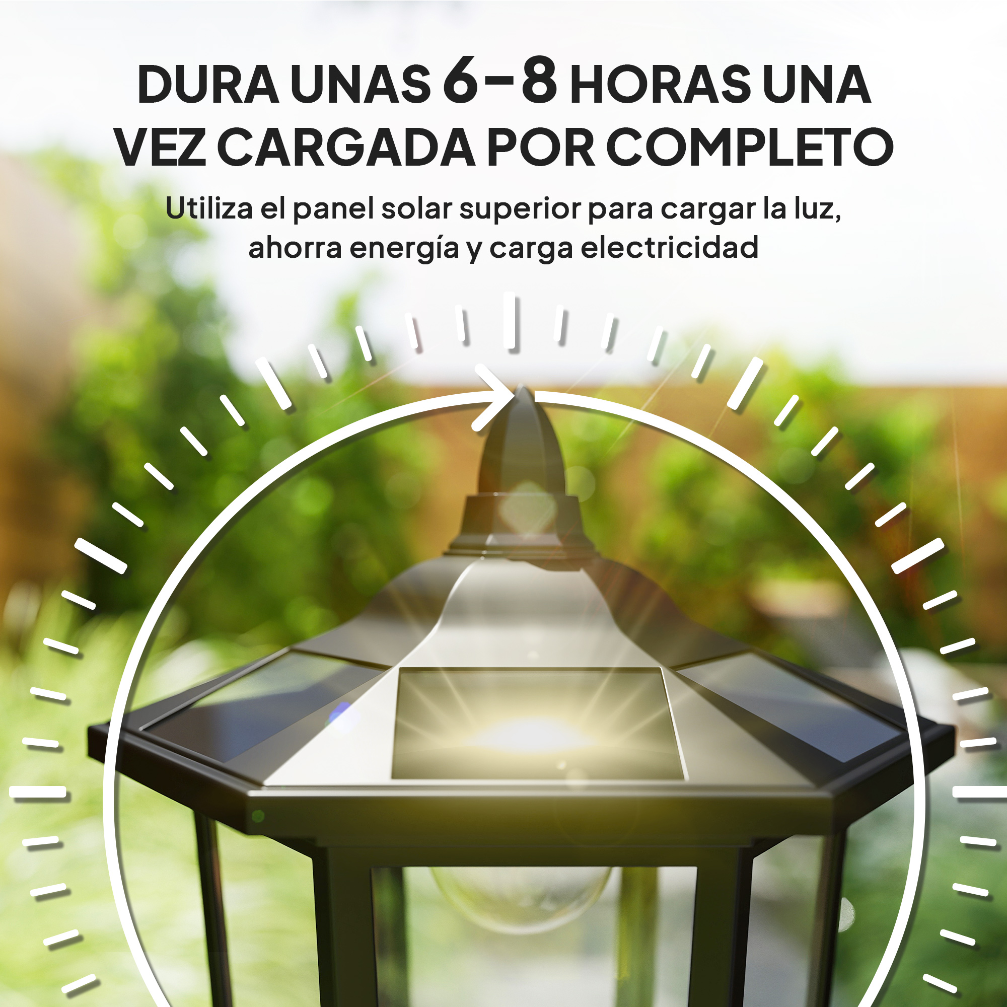 Una linterna solar con panel solar superior, ubicada en exteriores.
