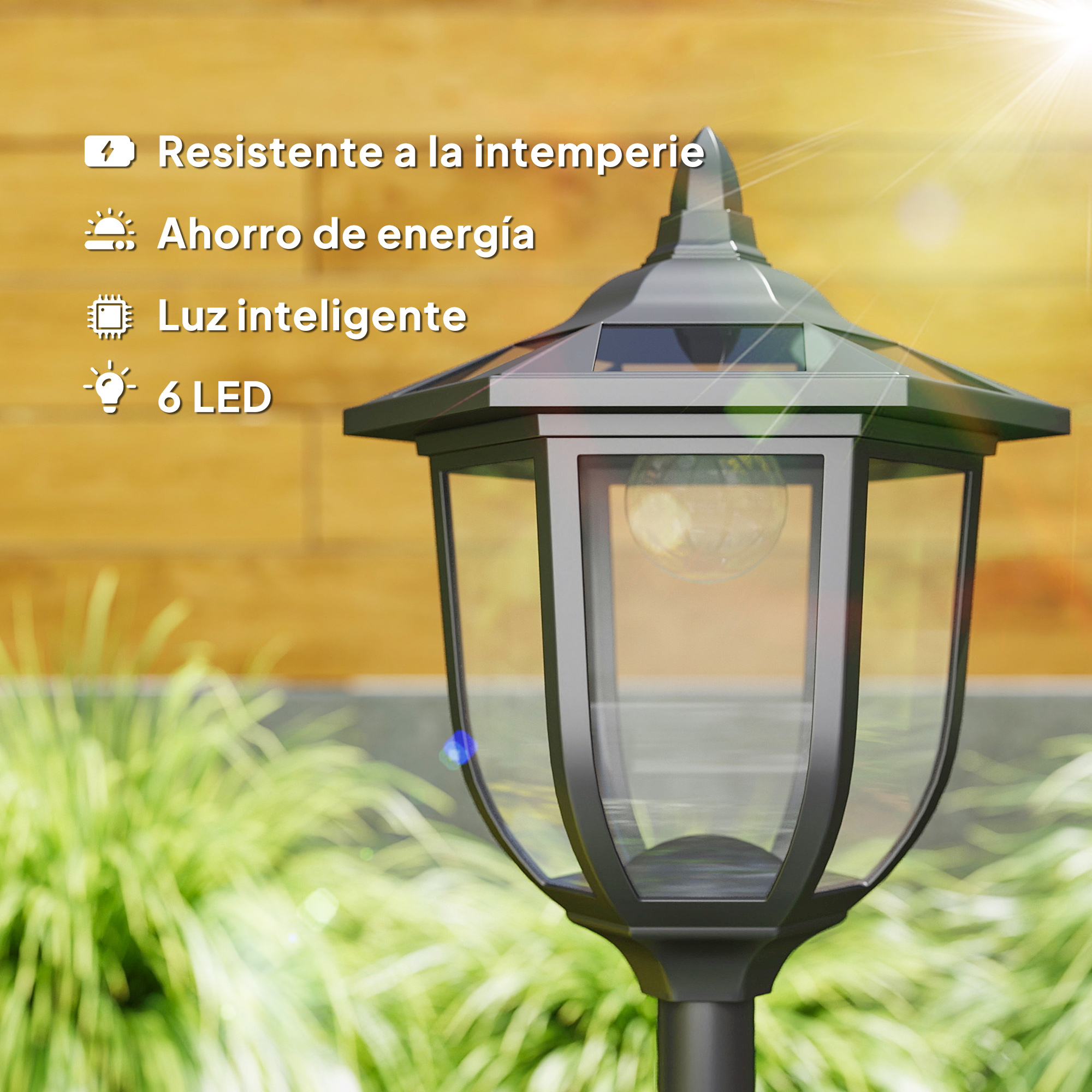Lámpara solar de jardín resistente a la intemperie con 6 LEDs.