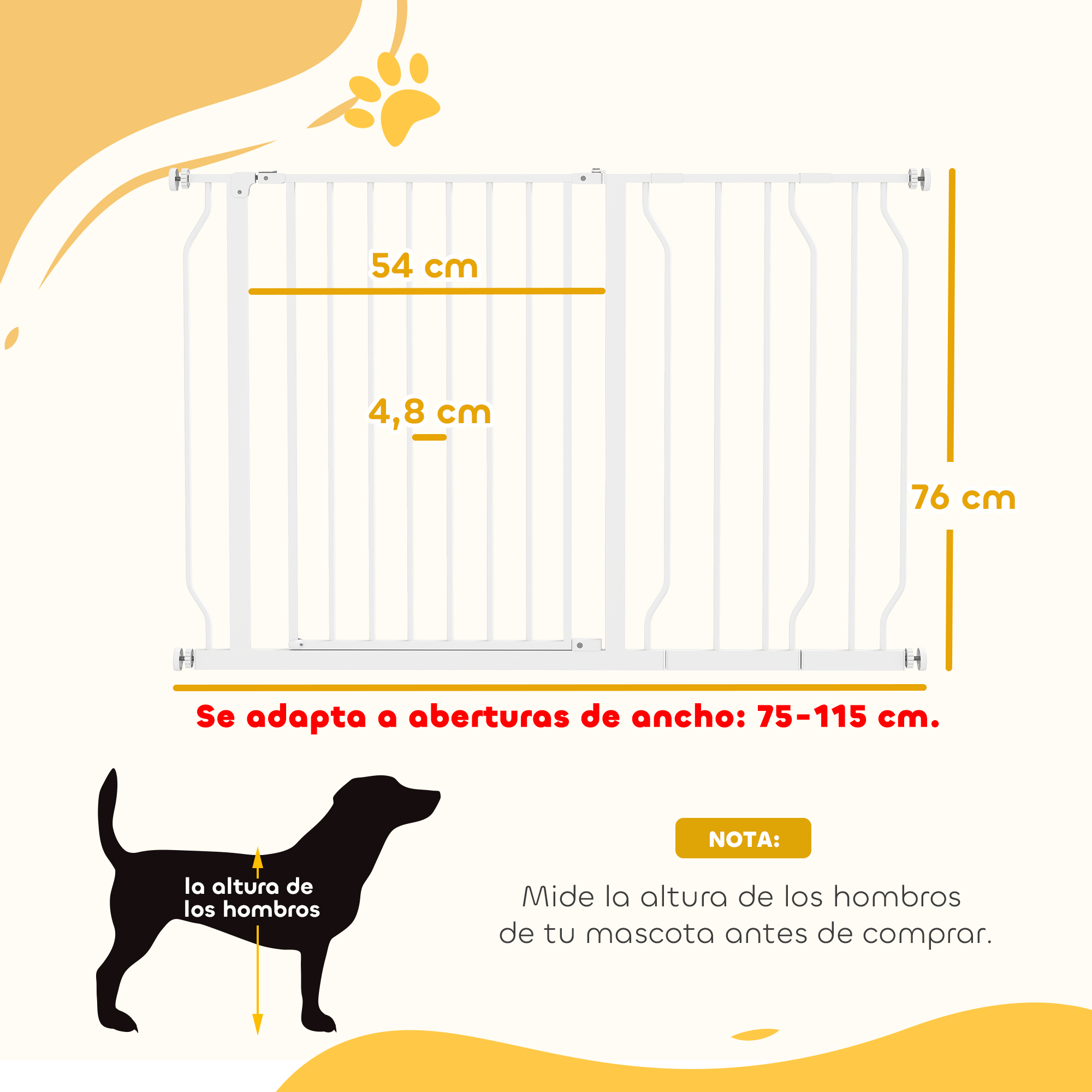 Una puerta blanca para mascotas con medidas: 54 cm, 4,8 cm, 76 cm. Se adapta a aperturas de 75-115 cm.