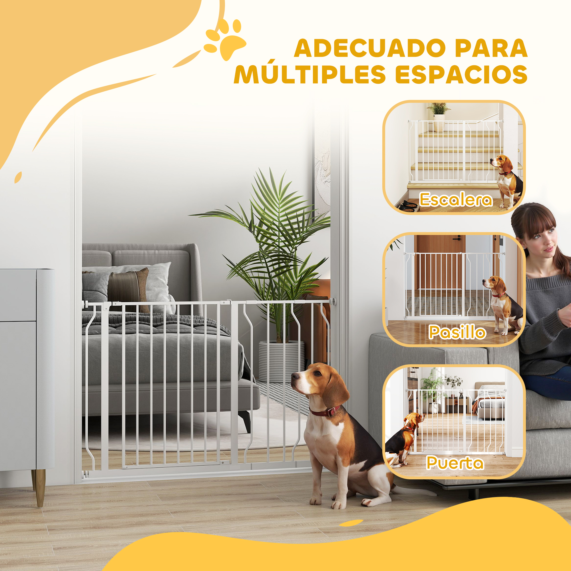 Un beagle se sienta frente a una barrera blanca en una sala de estar moderna.