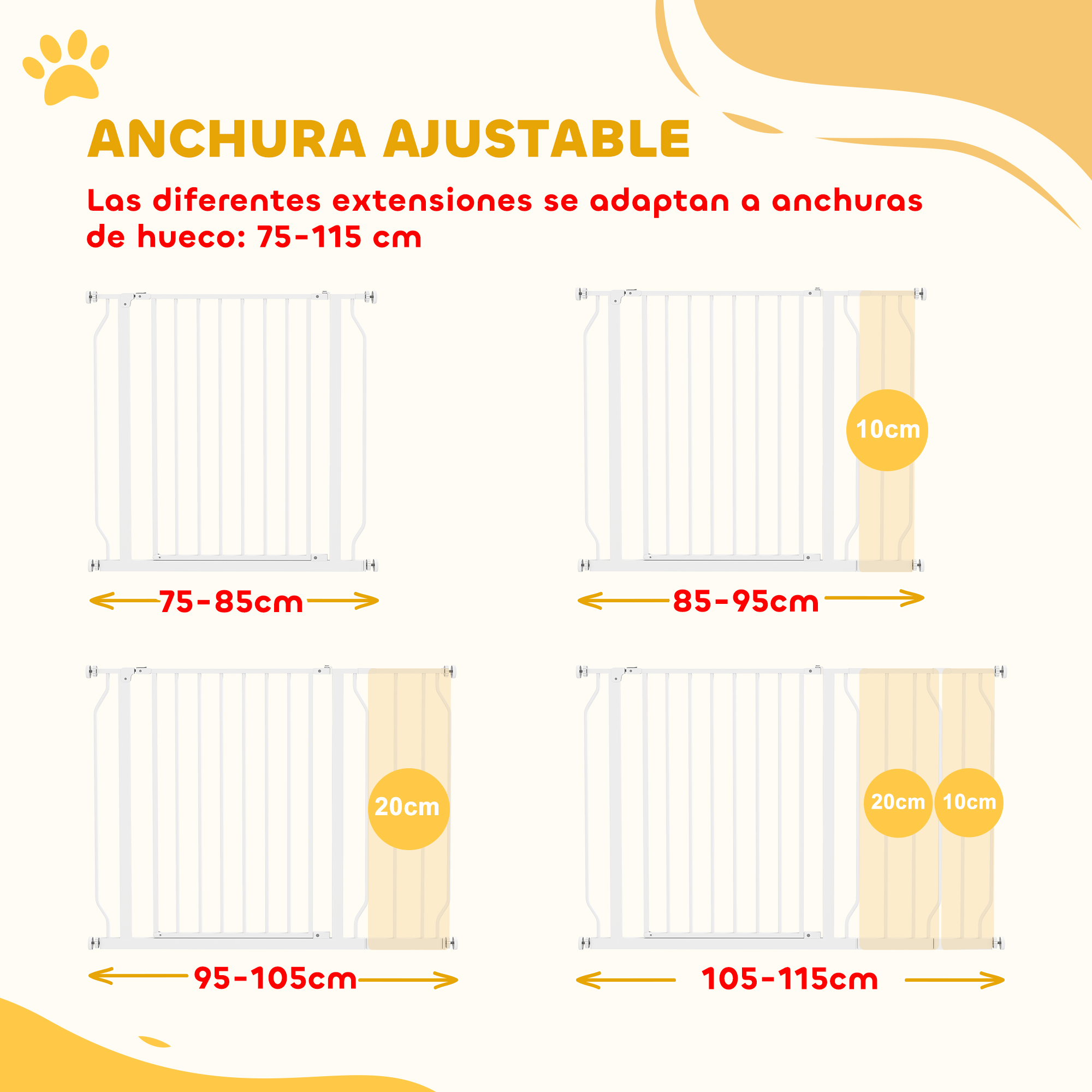 Barrera ajustable para bebés en tamaños de 75-115 cm.