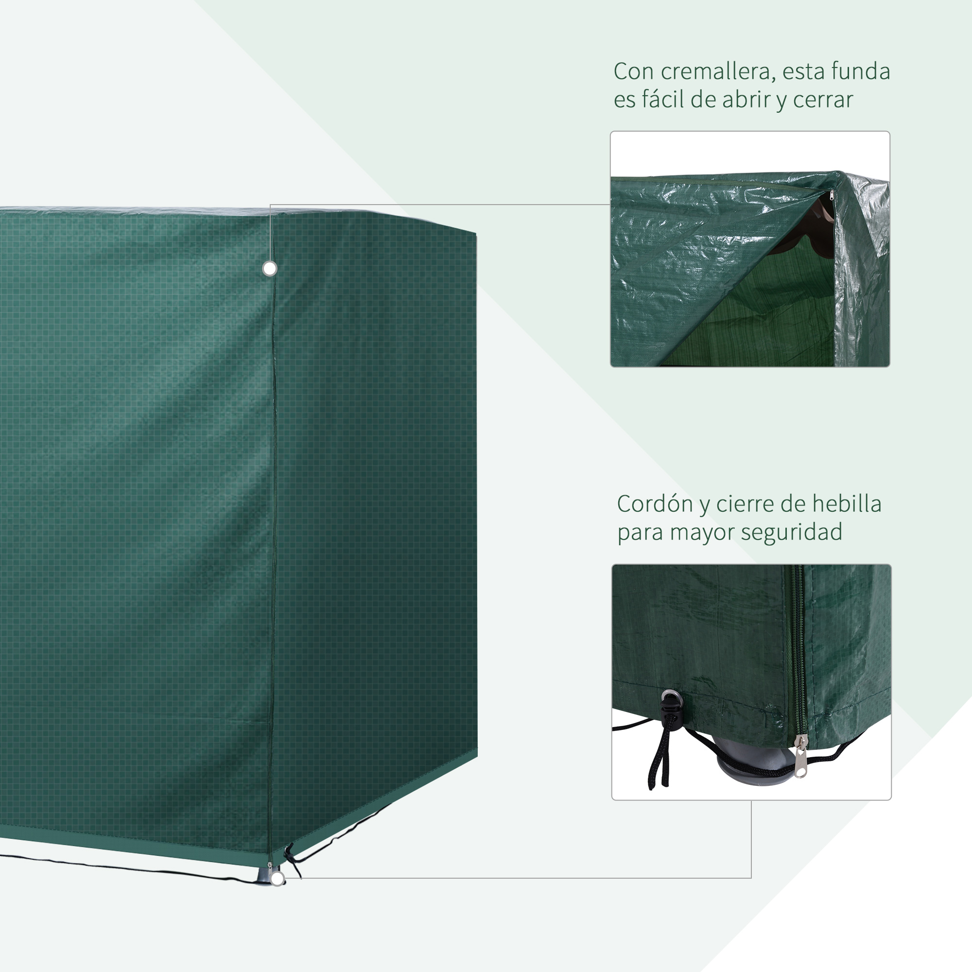 Funda verde oscura con cremallera y cordón. Muestra cremallera y cierre de hebilla.