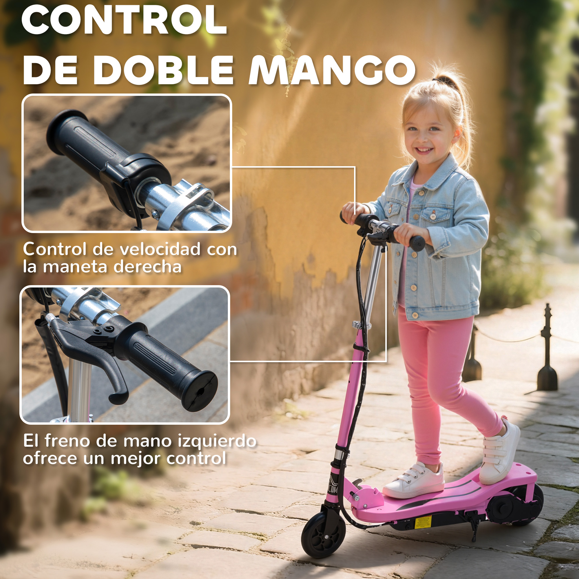 Una niña pequeña monta un patinete rosa sobre un camino adoquinado.