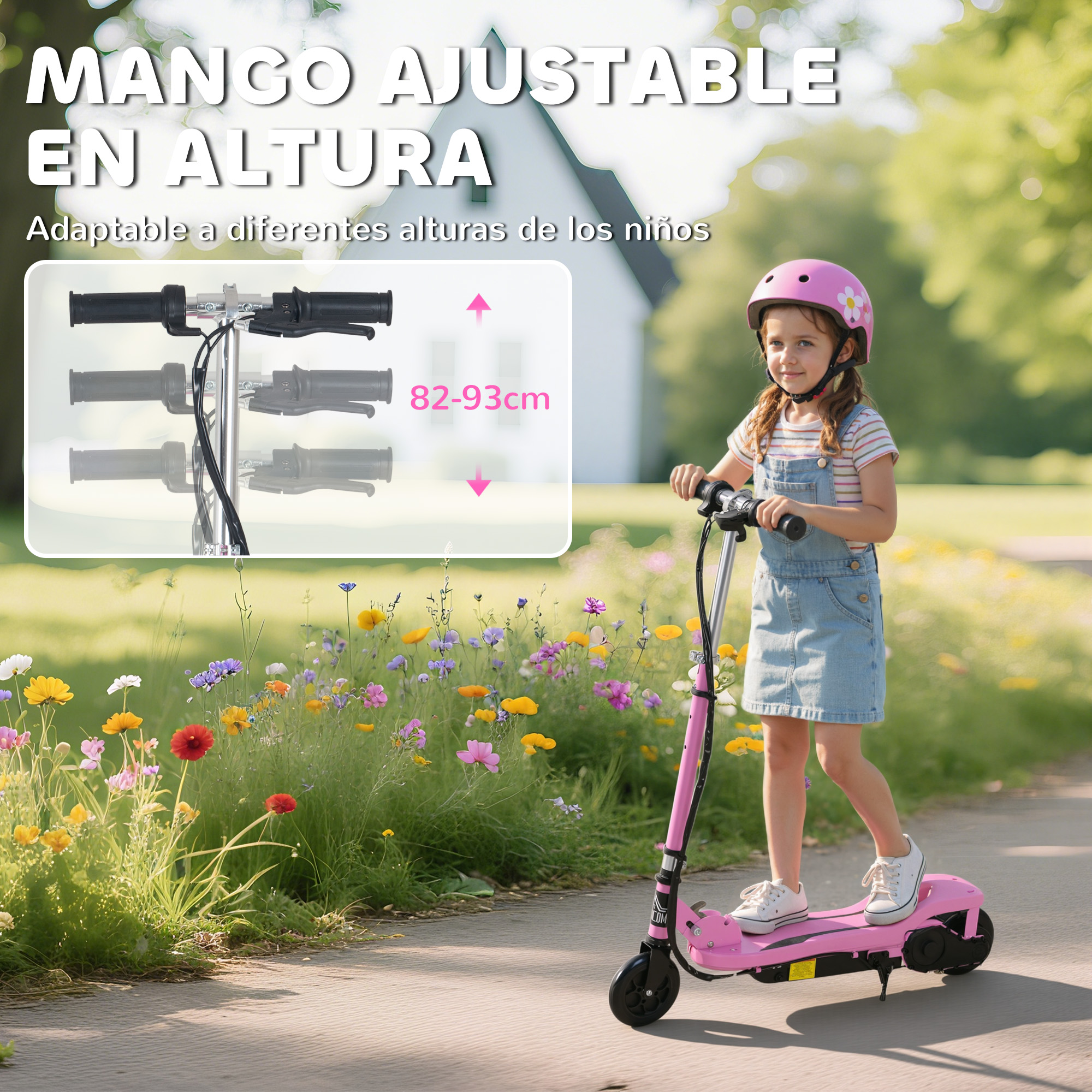 Una niña con casco monta un patinete rosa por un campo de flores.