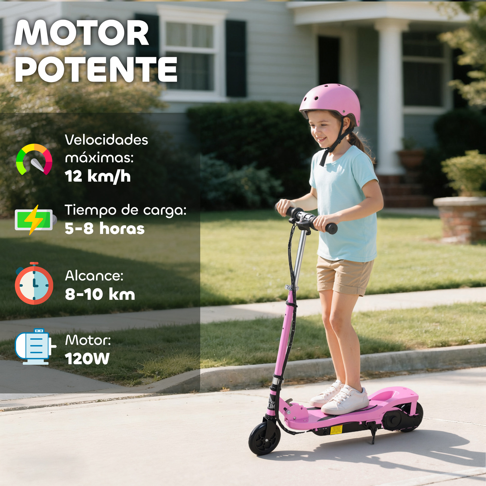 Una niña monta un patinete eléctrico rosa en una calle frente a una casa.