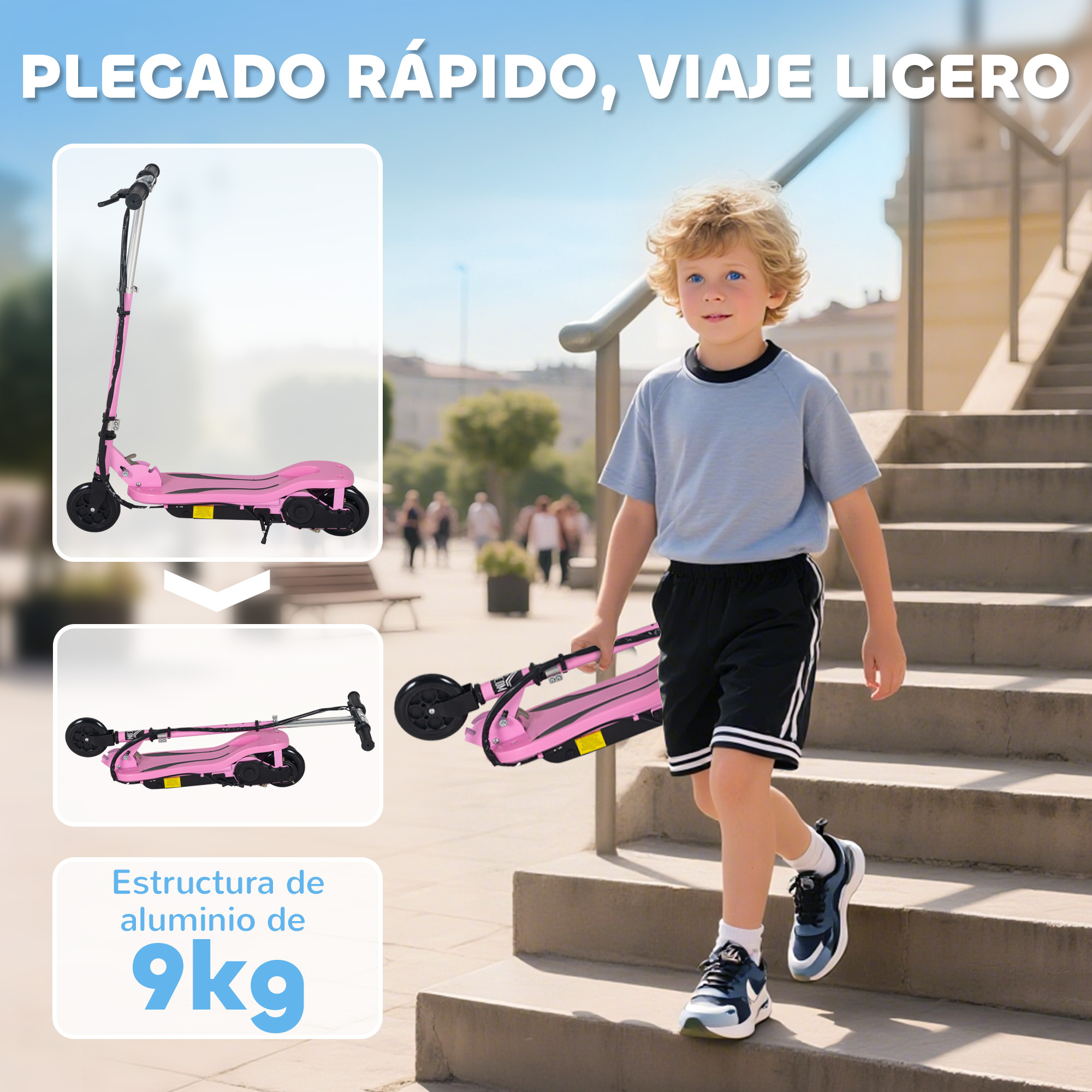 Niño baja escaleras con patinete rosa plegable. El patinete pesa 9kg.