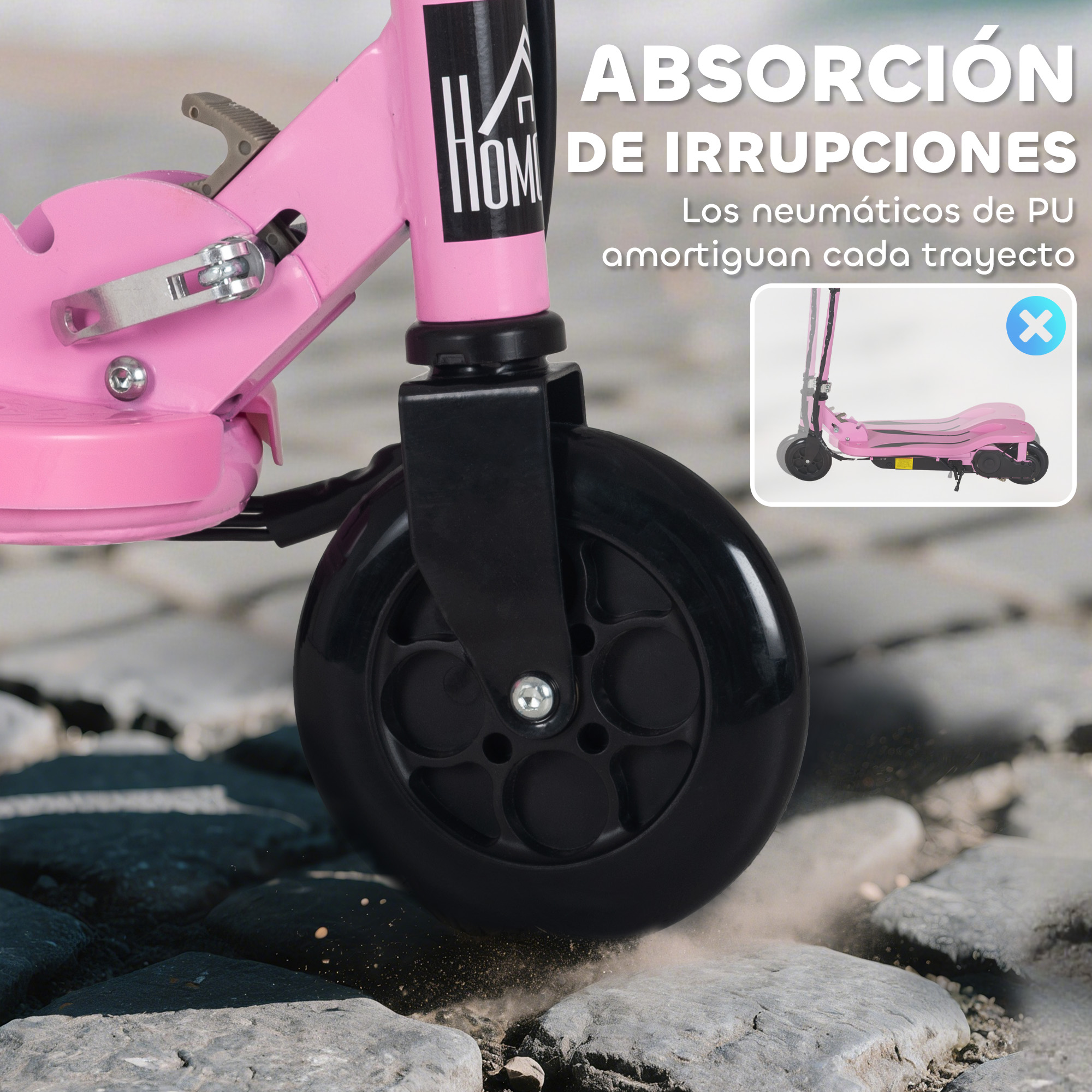 Primer plano de un patinete rosa sobre adoquines, levantando polvo.