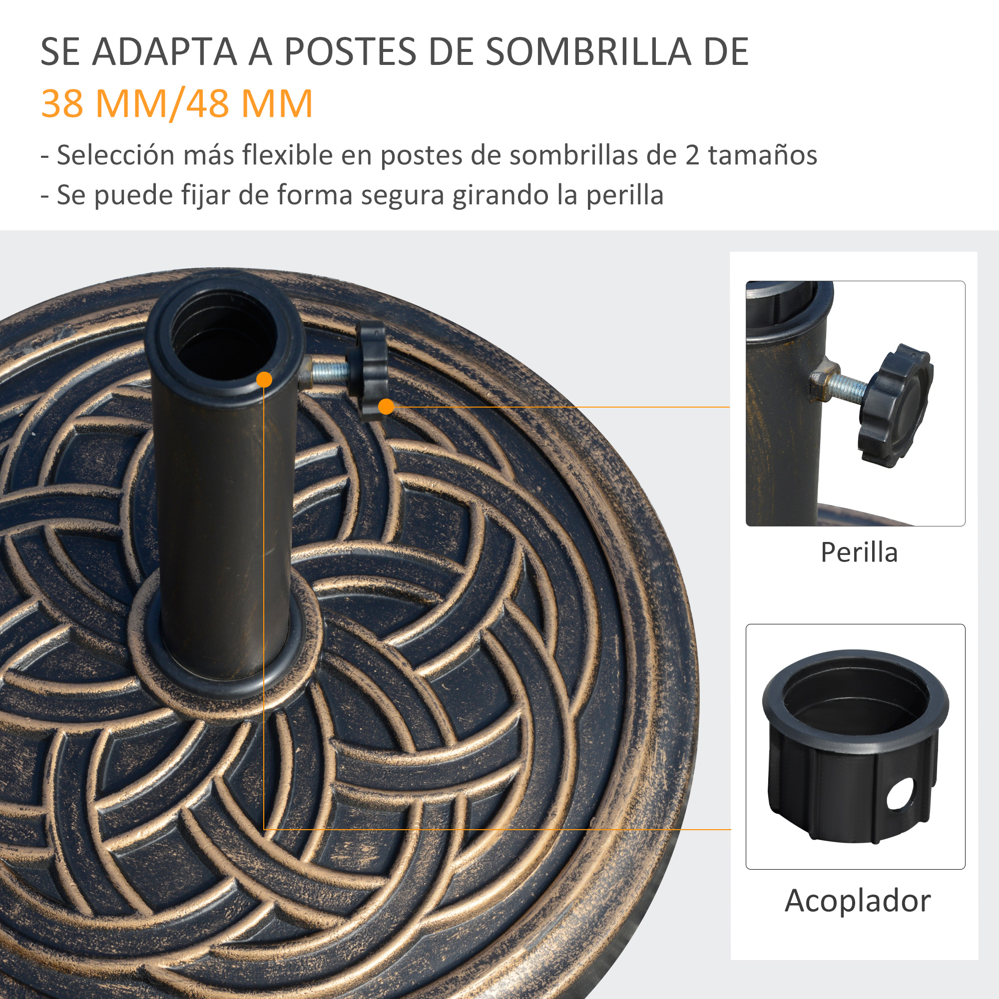 Base de sombrilla de bronce con poste central negro y tallas detalladas.