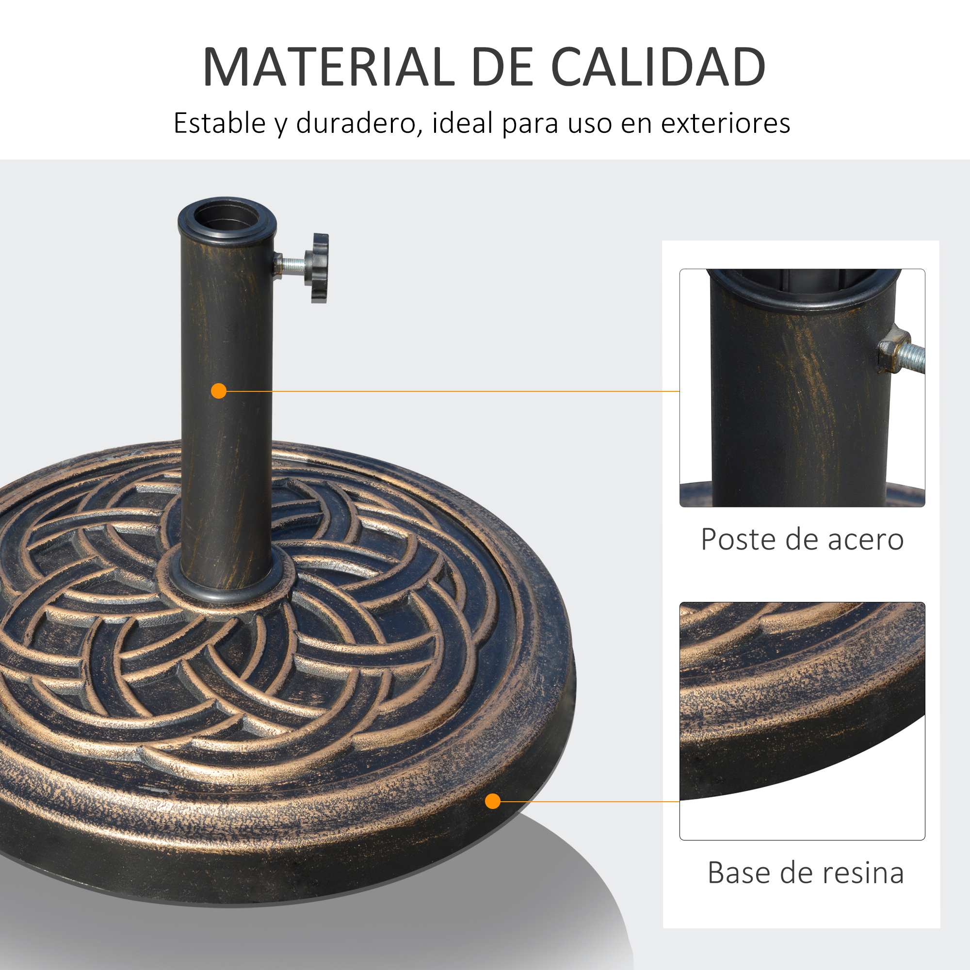 Base de sombrilla negra de metal con base ornamentada y detalle de abrazadera.