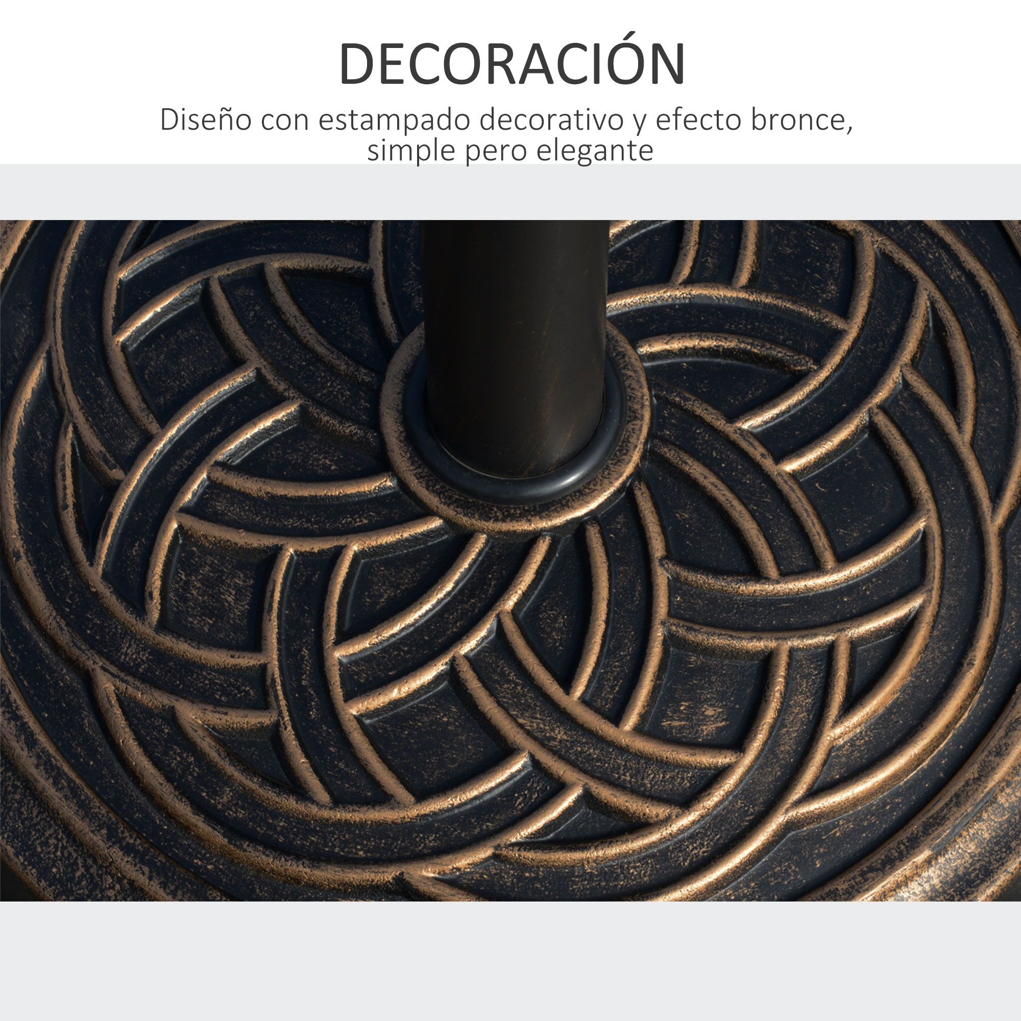 Primer plano de un patrón decorativo de bronce con un poste central de metal oscuro.