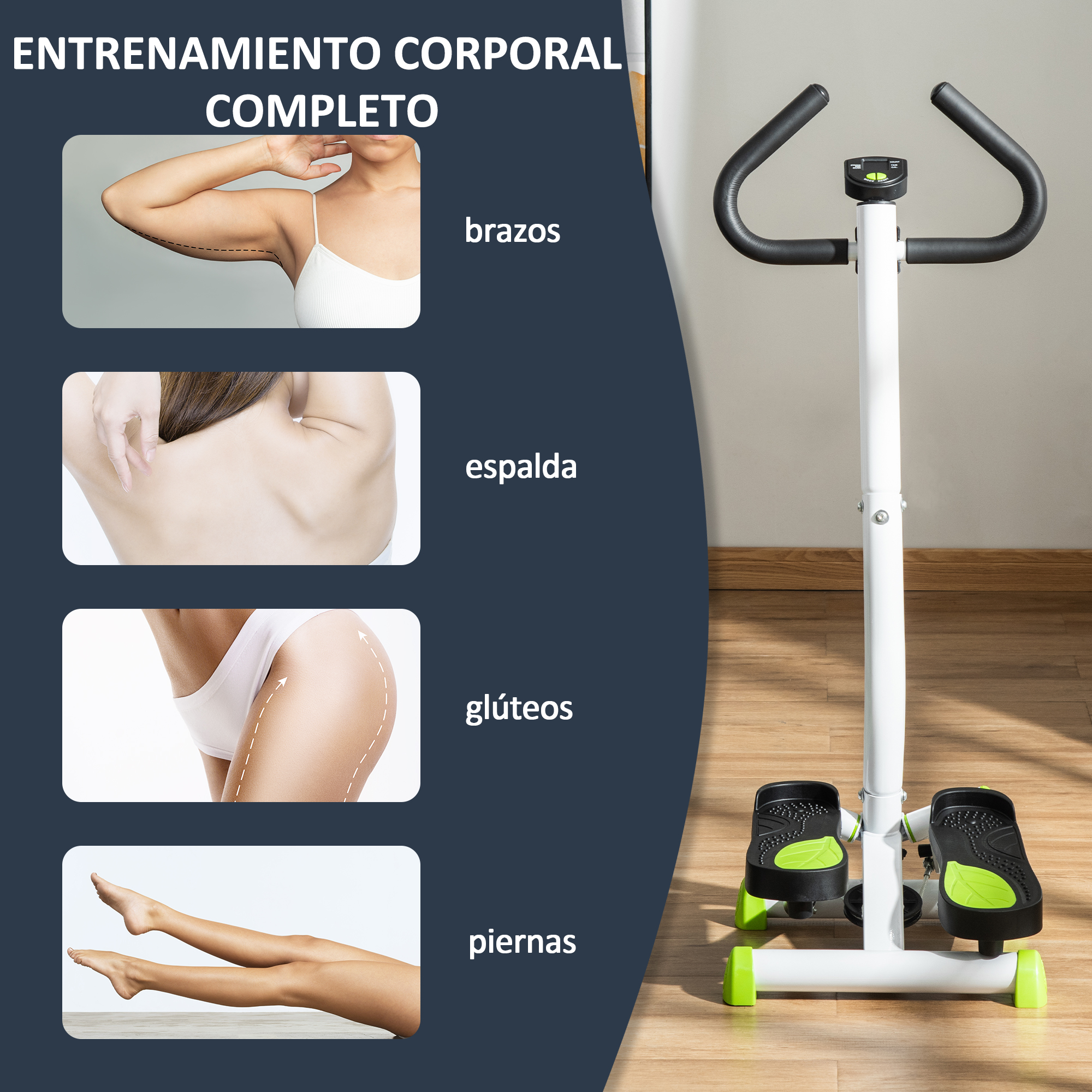 Un stepper para entrenamiento corporal completo mostrando brazos, espalda, glúteos y piernas.