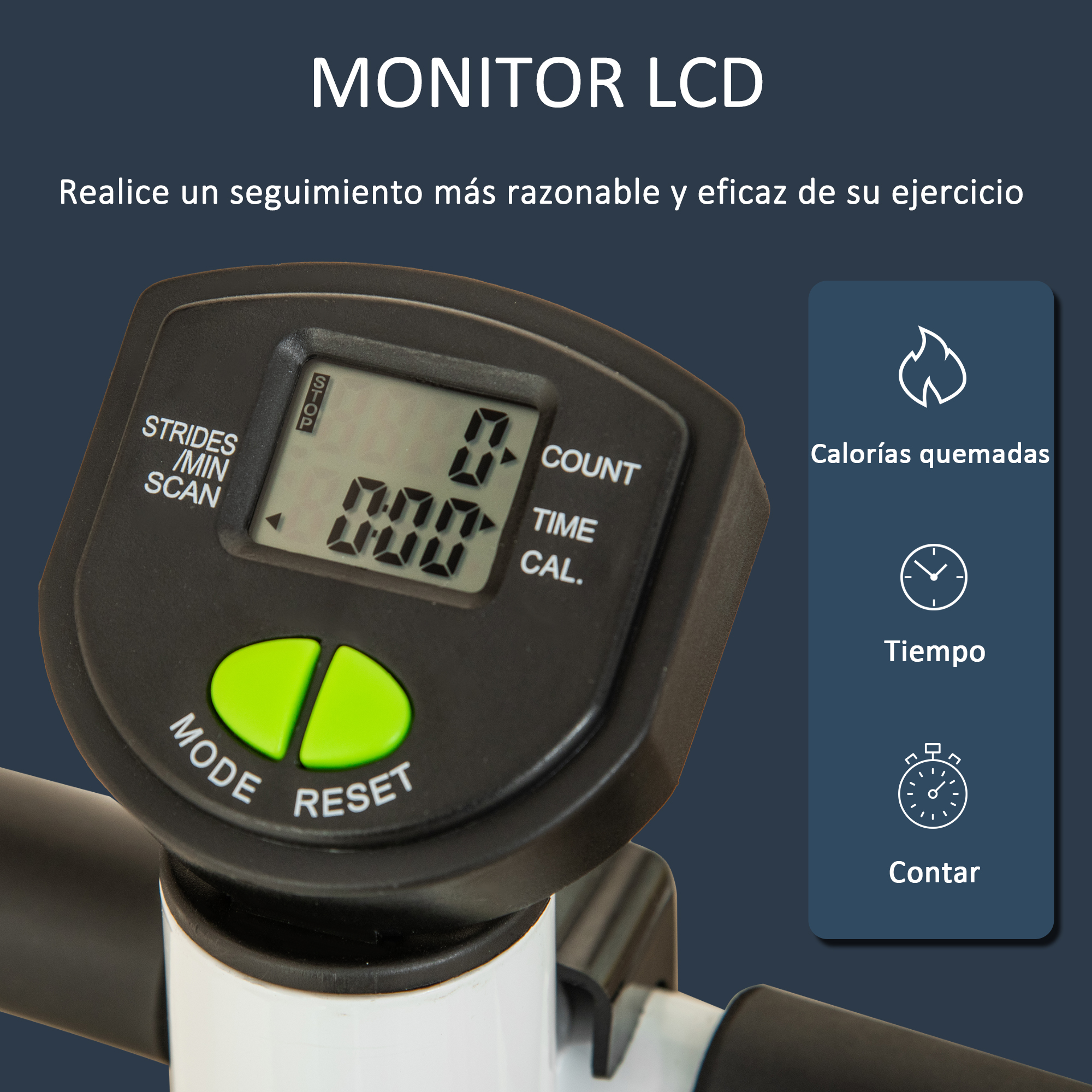 Pantalla LCD de equipo de ejercicio con números, botones e iconos.