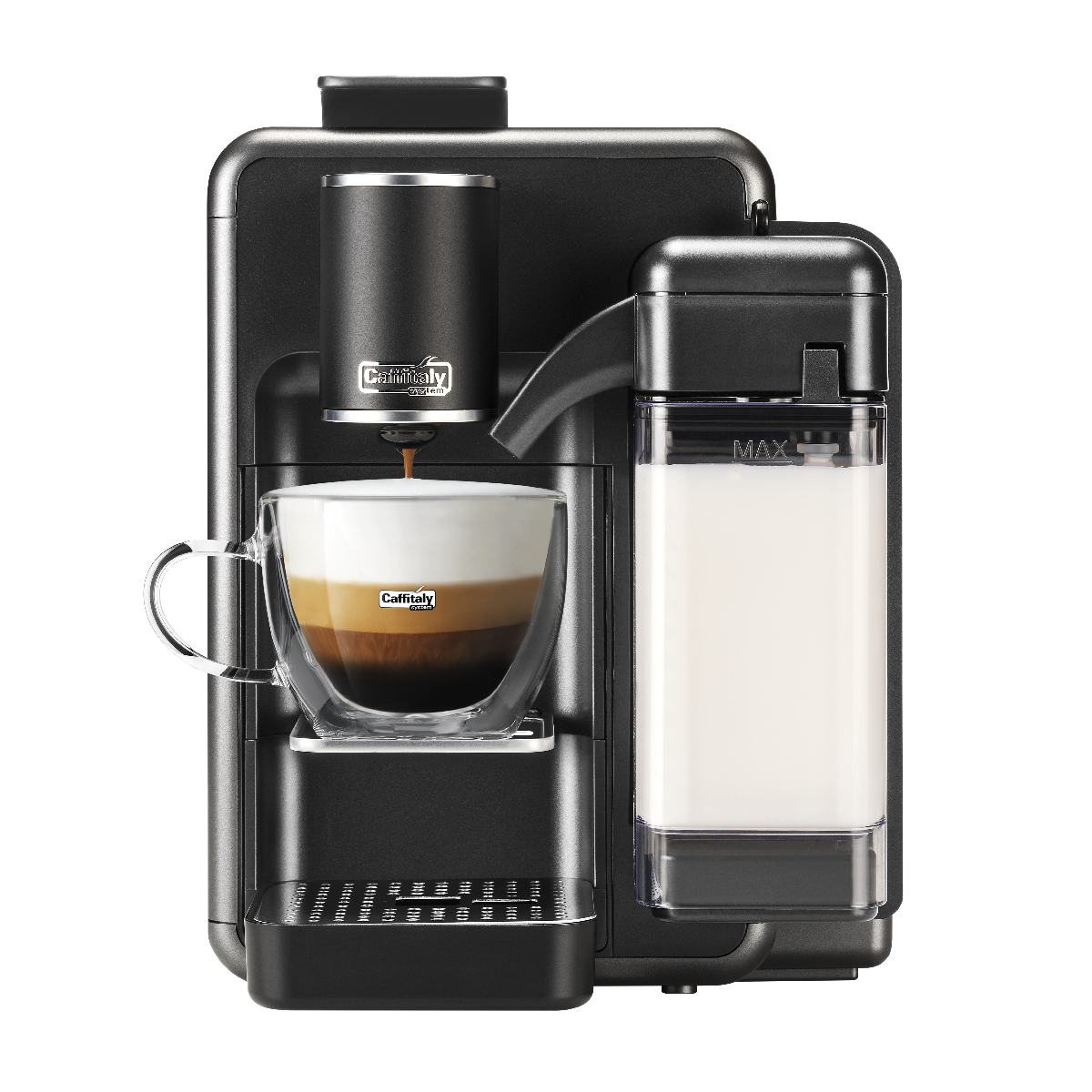 Eine Kaffeemaschine mit einem Glas Espresso und einem Milchbehälter.