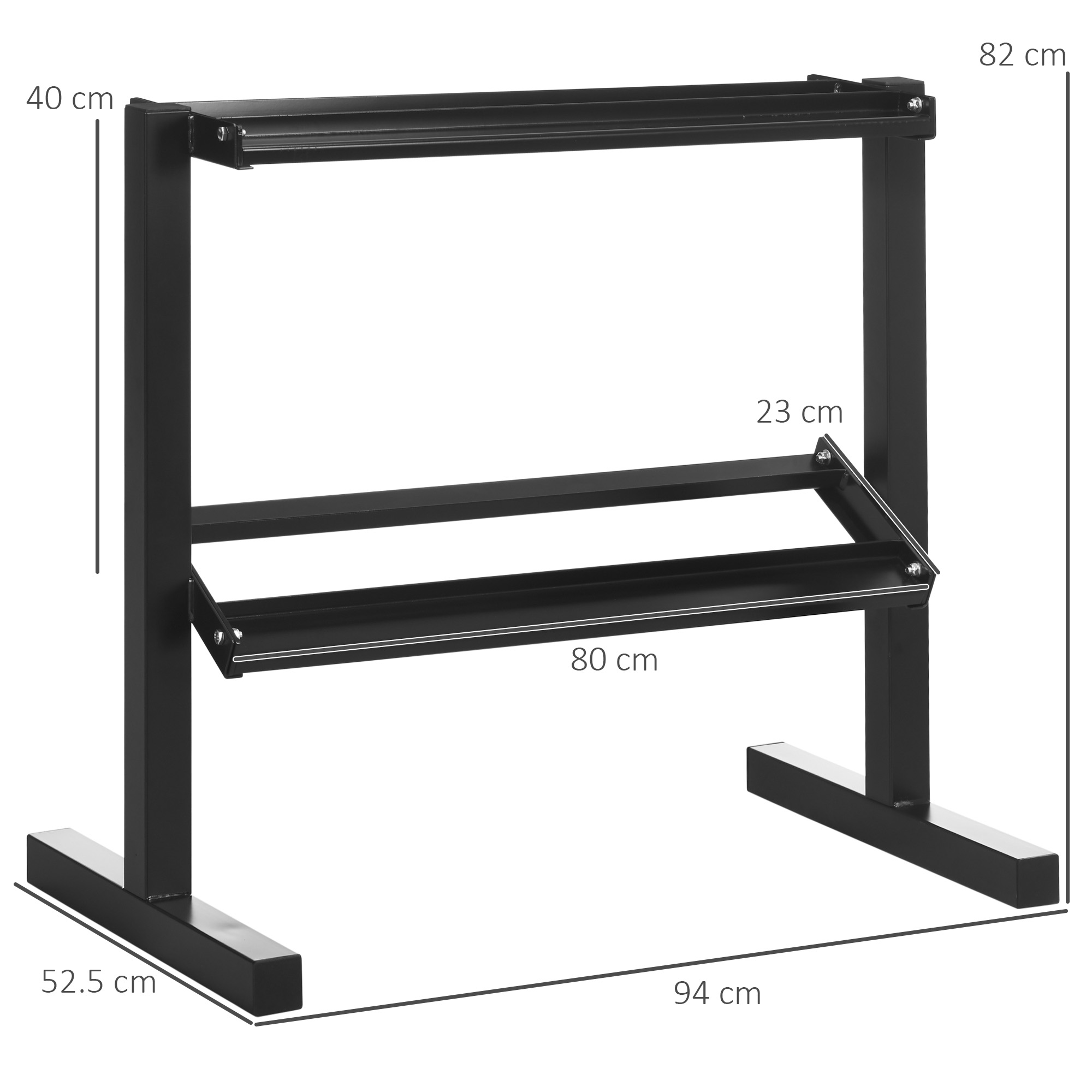 Un soporte negro para mancuernas de tres niveles con medidas plateadas.